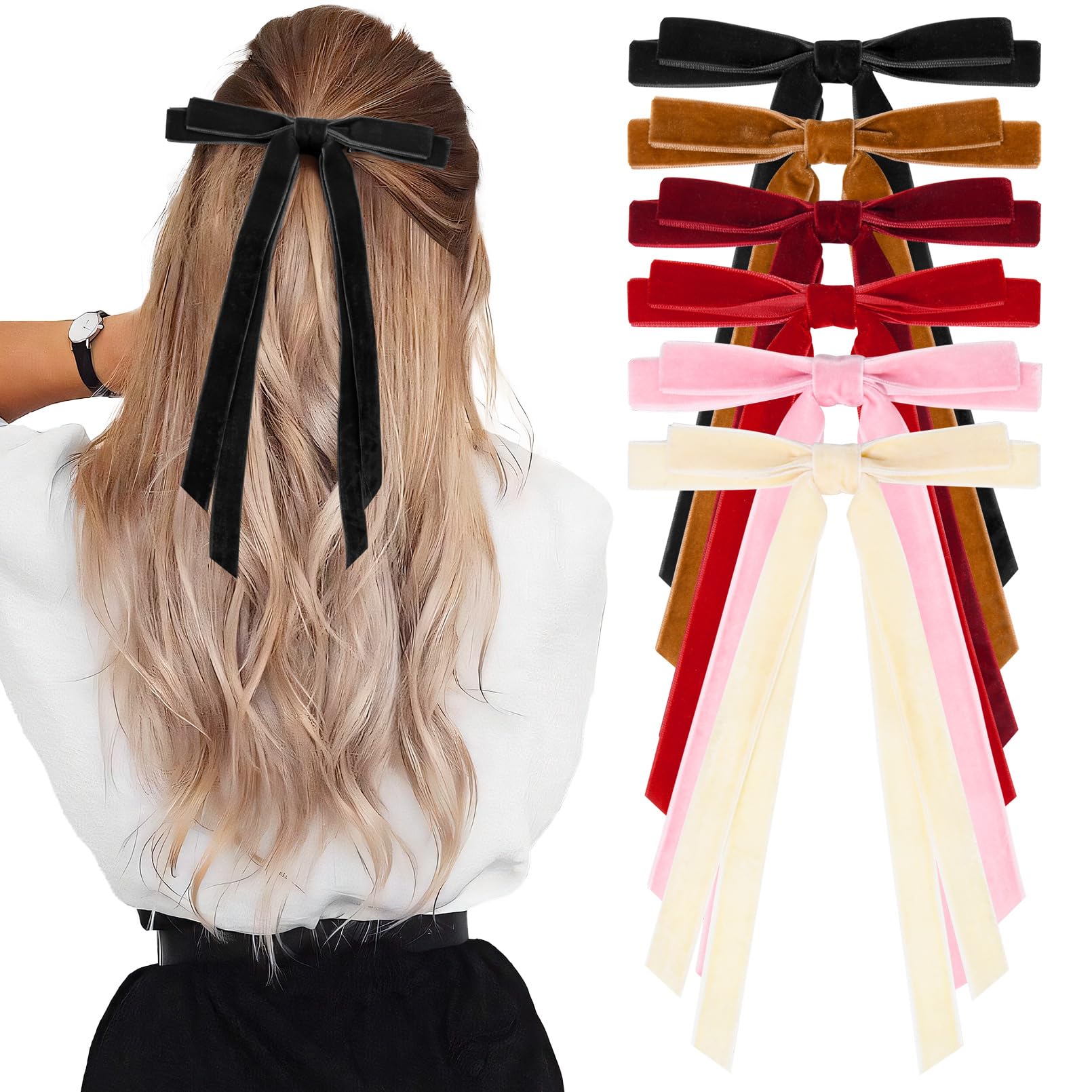 6PCS Velvet Hair Bows Ribbon Hair Clip Ponytail Holder Accessories Slides Metal Clips Hair Bow for Women Girls Toddlers Teens Kids