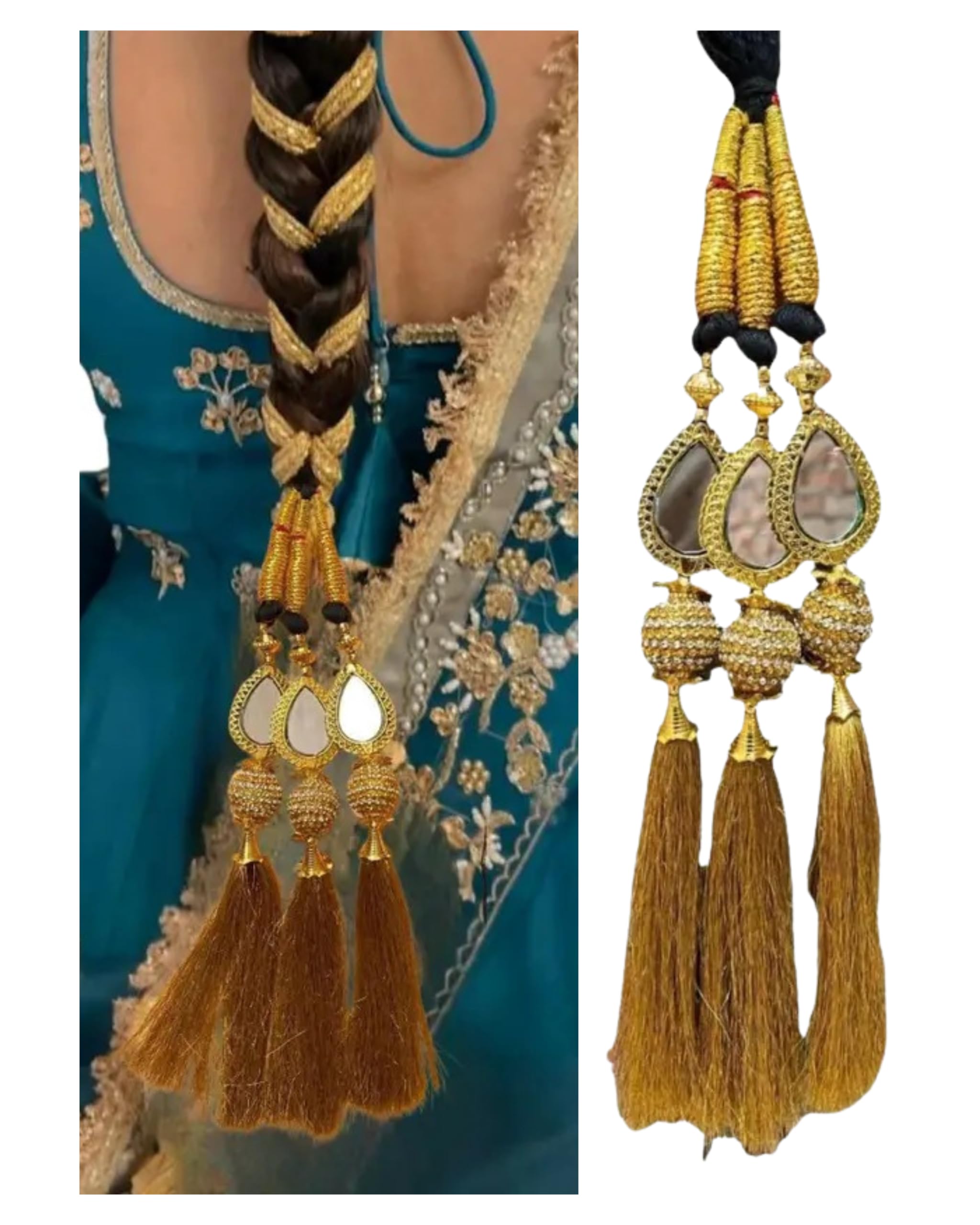 PRAAJKA Heavy Design Parandi with Golden Gotapatti Dori/Hair Extension/Braid Tassles/Patiala Shahi Paranda/Jadai Billai/Hair accessories (Hangings Golden & black, Design-image-33