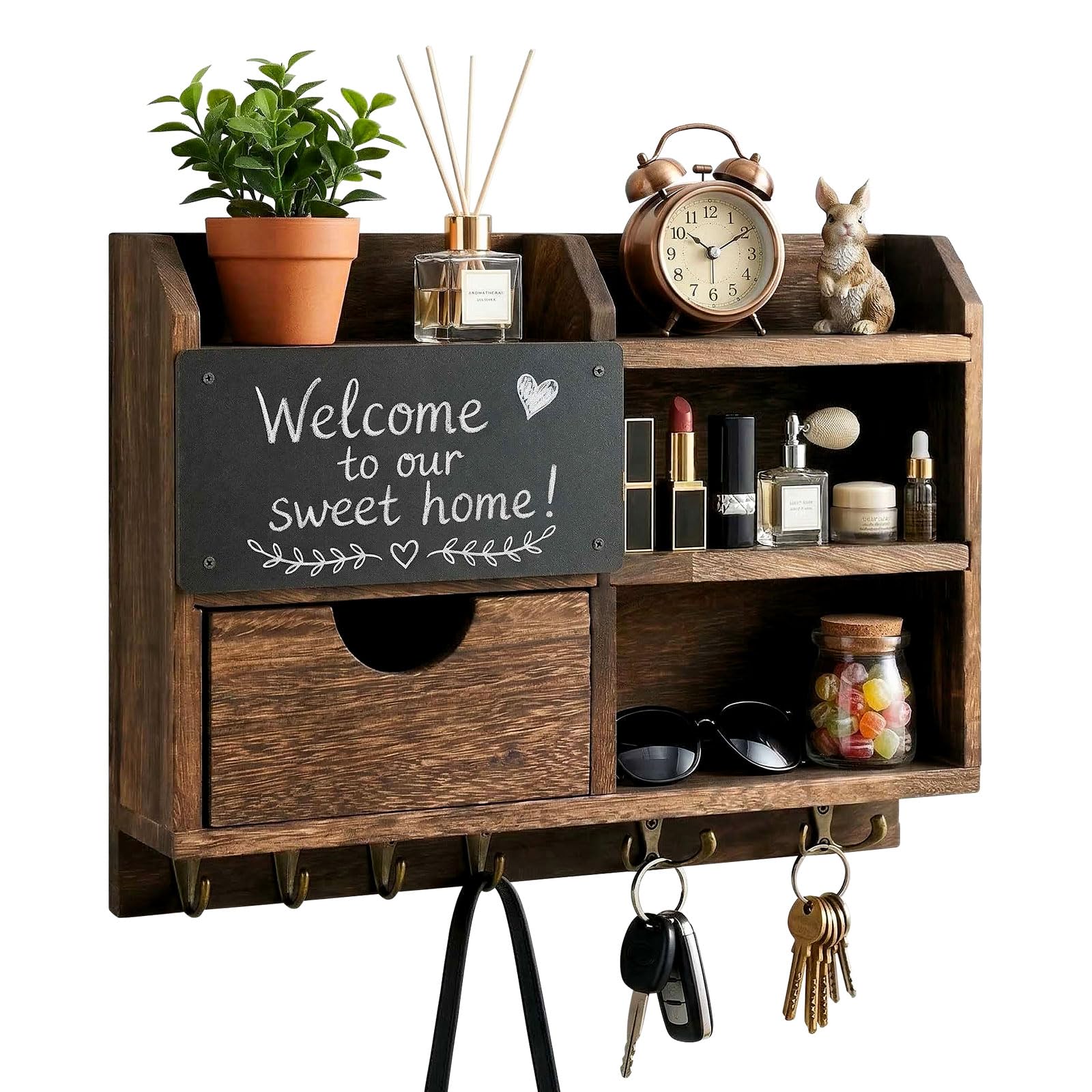 Porte-clés Mural en Bois et Métal avec Étagère, Support Clés et Courrier pour Entrée, Couloir et Bureau, Crochets pour Clés et Petits Objets, Design Moderne et Élégant – 37×28,5 cm