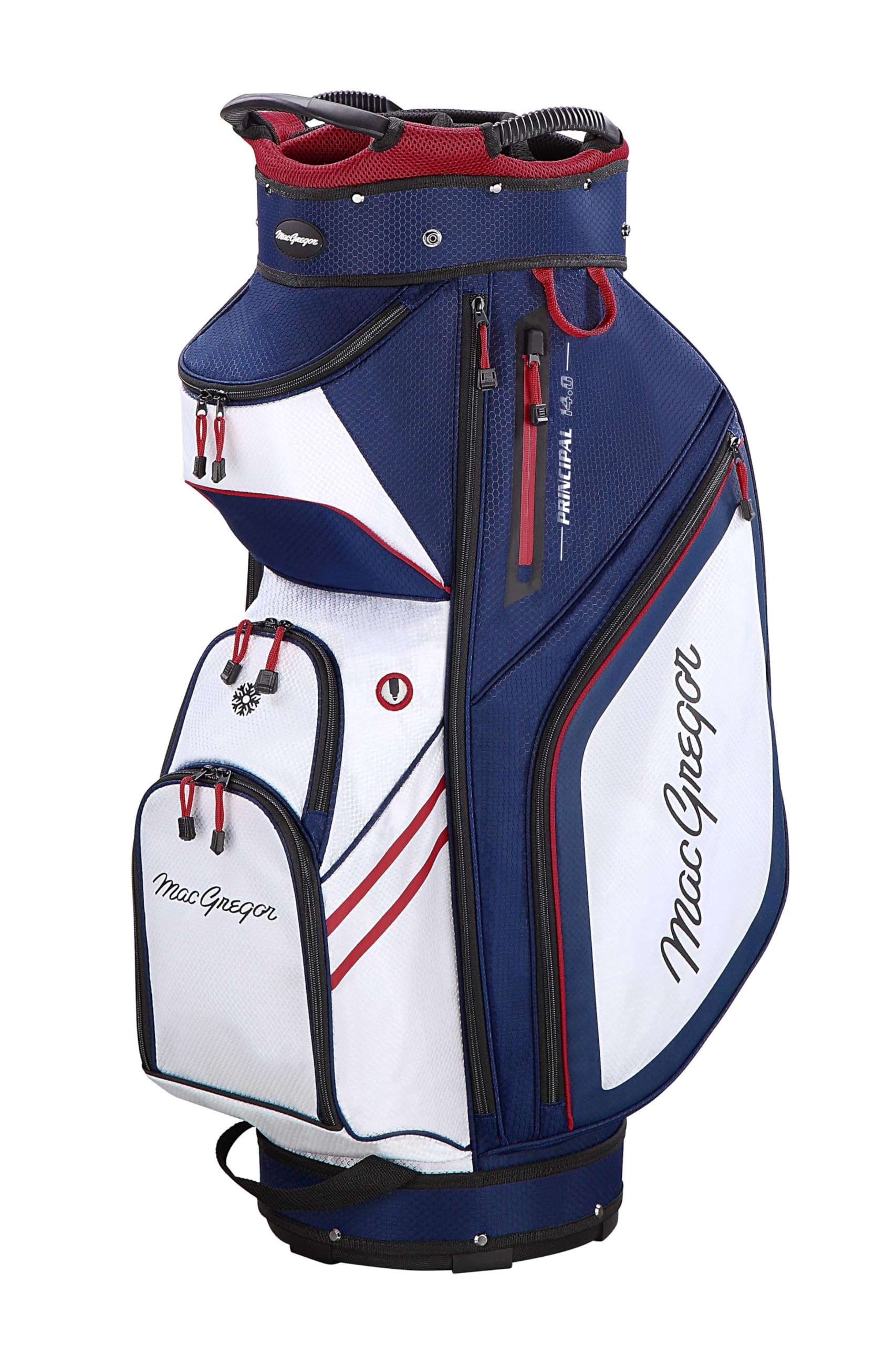 MacGregor Principal 10" Golf Cart Bag, 14-Way Top With Dividers And 9 Pockets, Navy/White/Red
