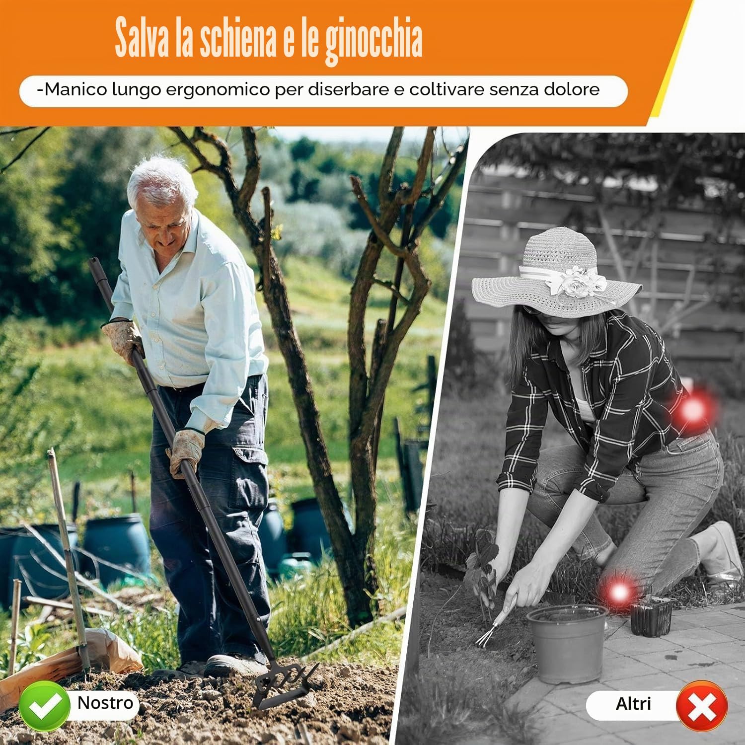 Zappa da giardino, 124 cm, 2 in 1, attrezzi da giardino con punta a 4 denti, con manico lungo regolabile per erbacce, terreno allentato