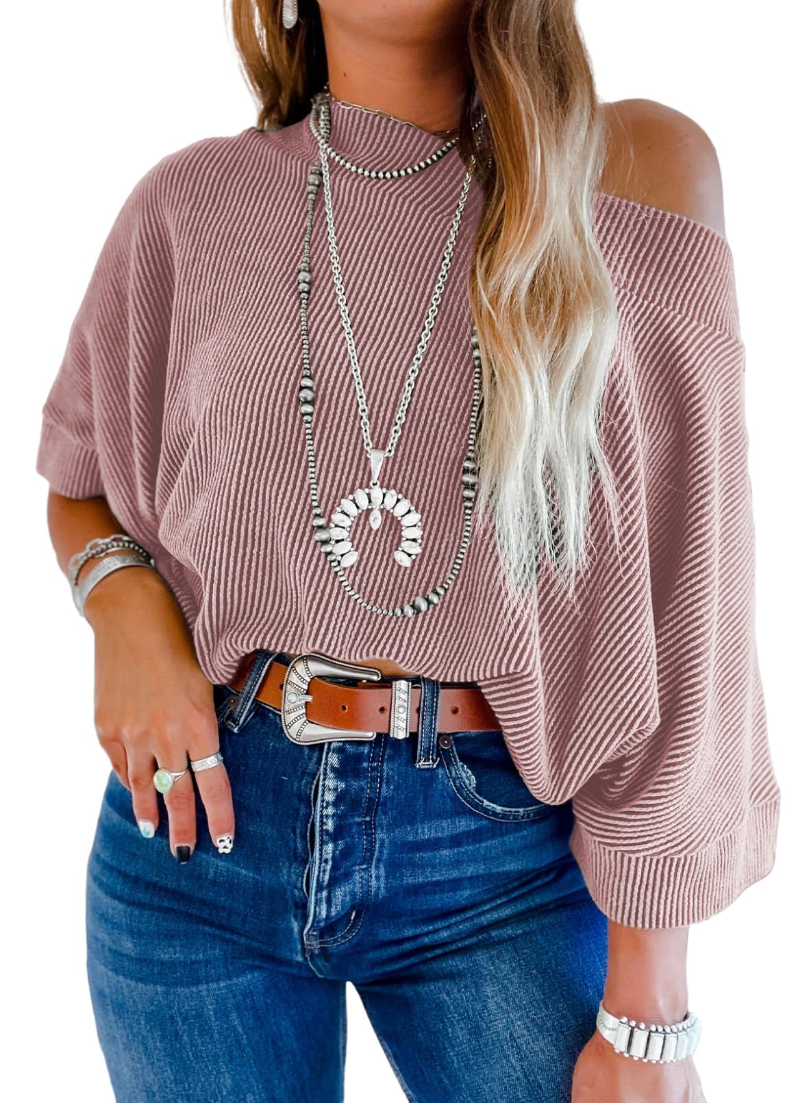 EVALESS Sexy Off The Shoulder Tops for Women 3/4 Length Sleeve Womens Tops Spring Fall 2026 Boat Neck One Shoulder Shirts