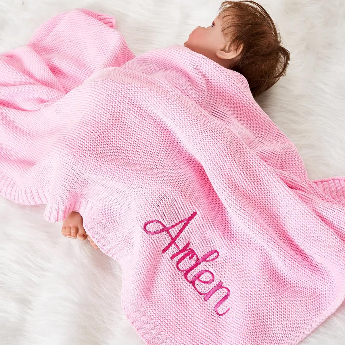 Herstl Pink Personalized Baby Blanket - Custom Embroidered Name Knitted Nursery Stroller Blanket For Newborn (Pink)