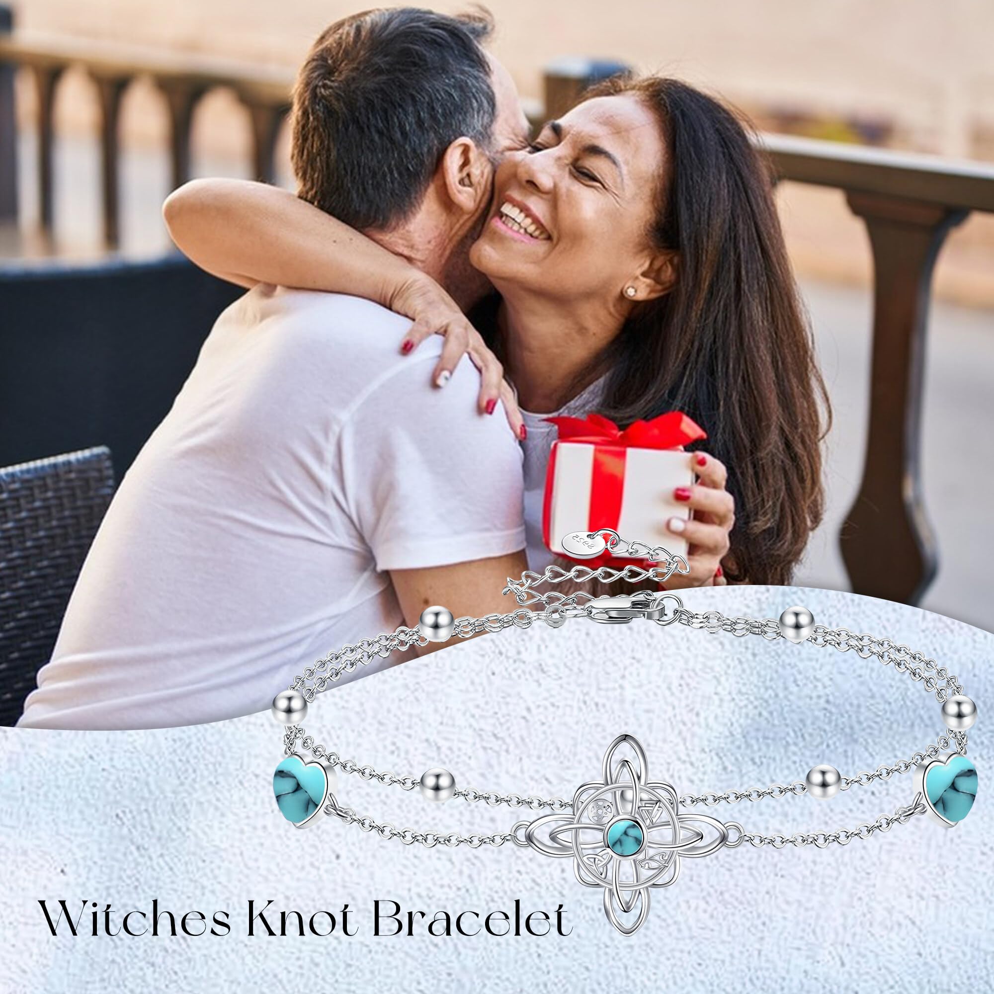 URONE Hexen-Knoten-Armband Sterling Silber Hexen-Knoten Herz Türkis Armband Witchy Schmuck Geschenke für Damen
