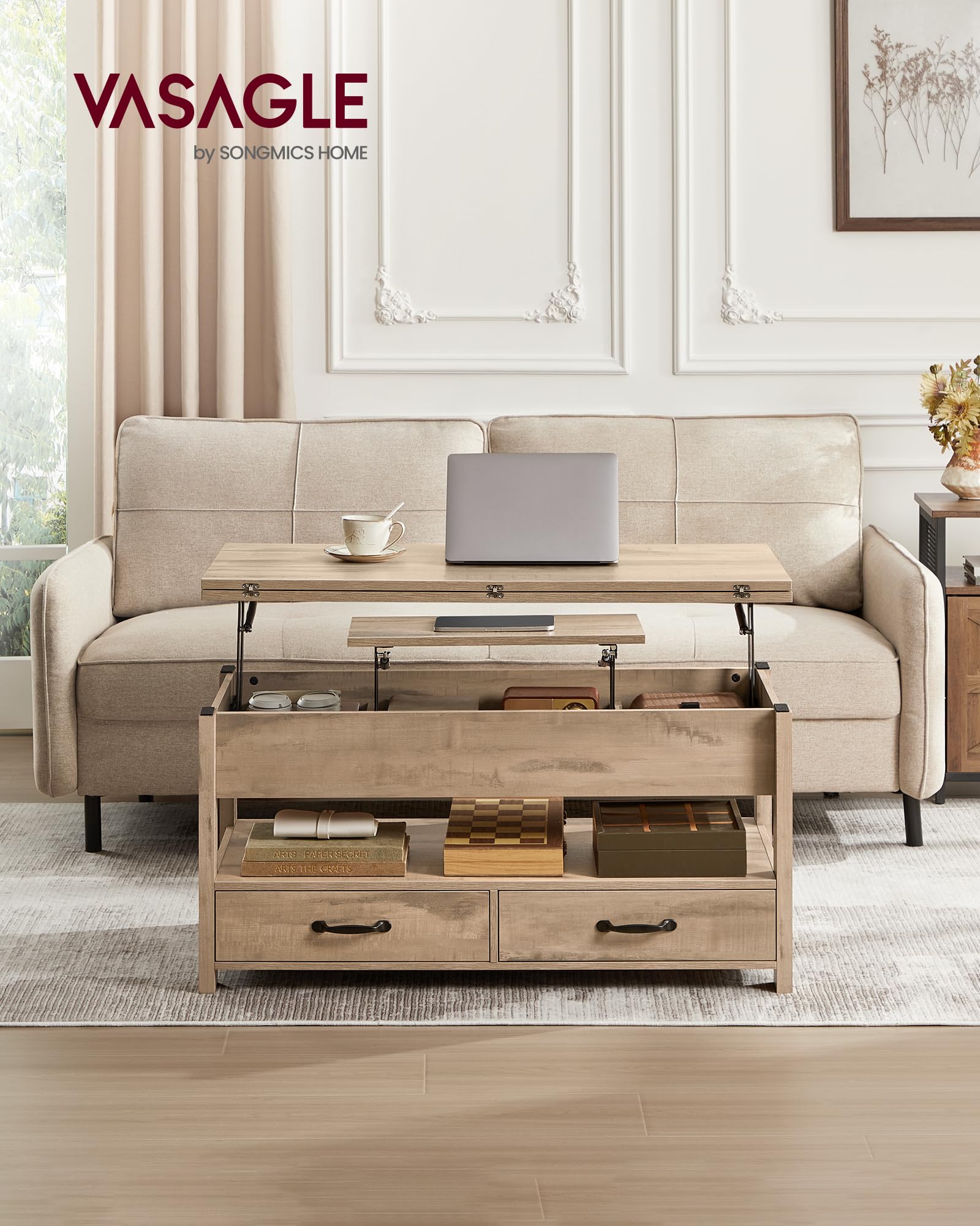 VASAGLE Table Basse, Table de Salon Relevable, Vérin à Gaz, 2 Tiroirs et 3 Compartiments sous Le Plateau, 1 Compartiment Ouvert, pour Salon, Bureau, Marron Camel LCT254L01