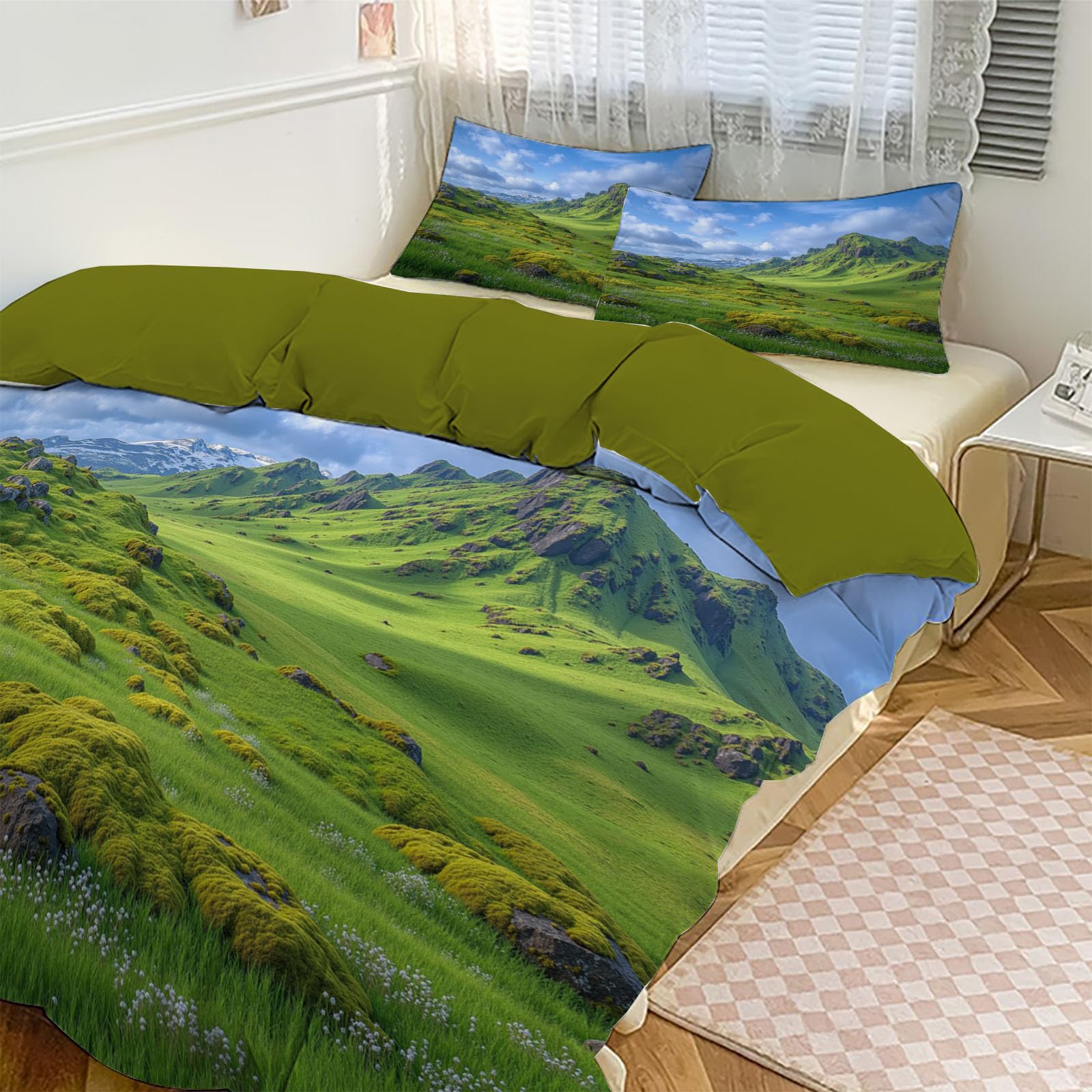 Parure de lit 240x260 cm bleu imprimé nature avec housse de couette et taies d'oreiller