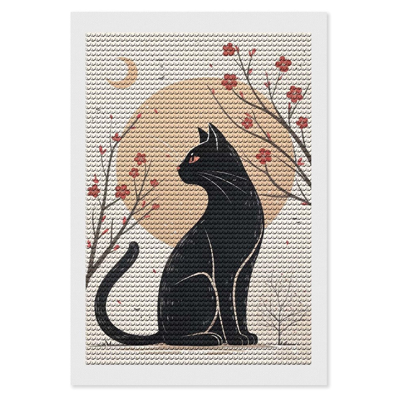 Junmoney Black Cat with Cherry Blossoms Diamond Art Kit 8"x12", Modern Decor, Farmhouse Decor, Home Wall Art, Festive Craft Gift, Handmade Wall Decor