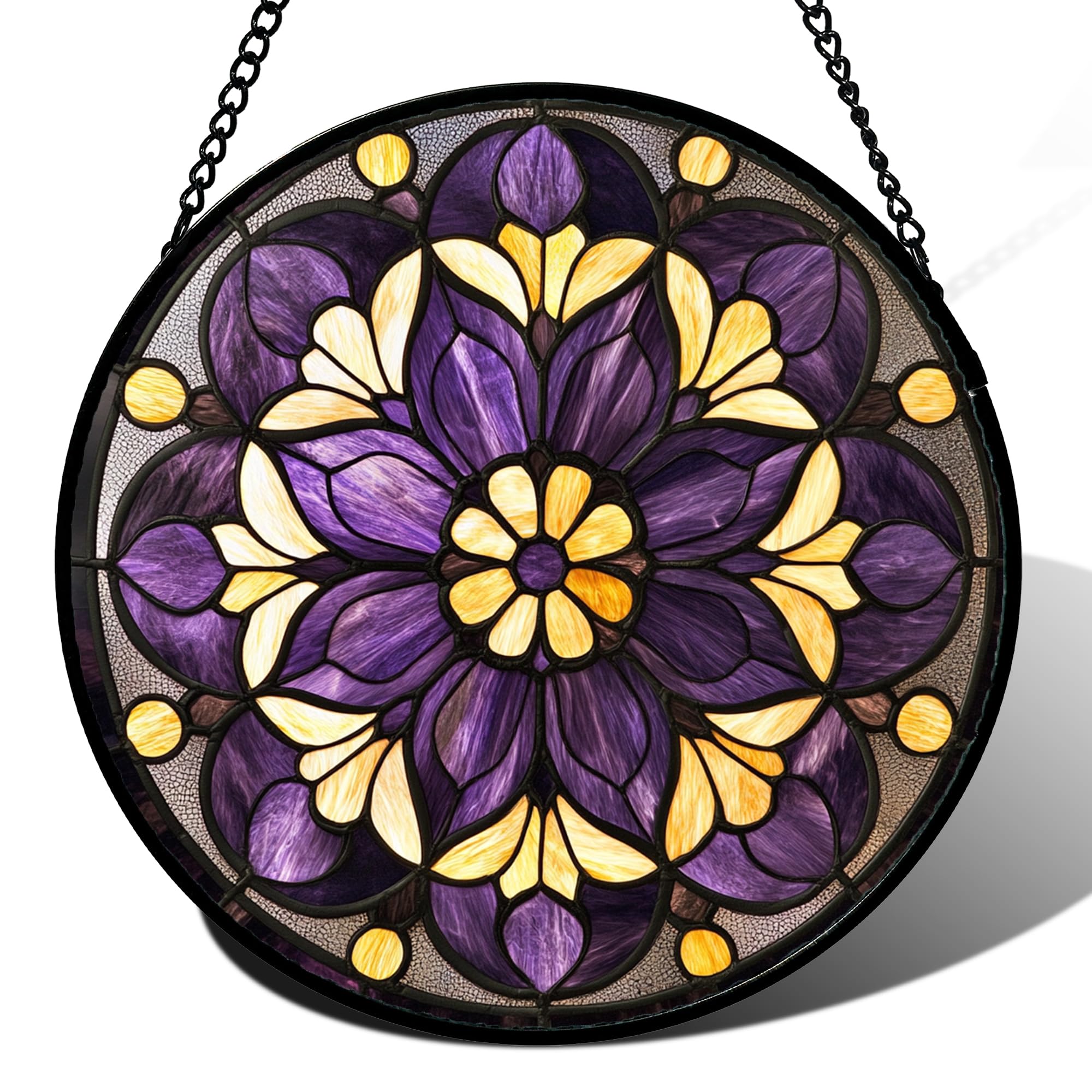 HWRHTR Stained Glass Window Hanging - Purple Yellow Abstract Flowers Suncatcher for Doors Garden Yard Sun Catchers Decor Christmas Mother's Day