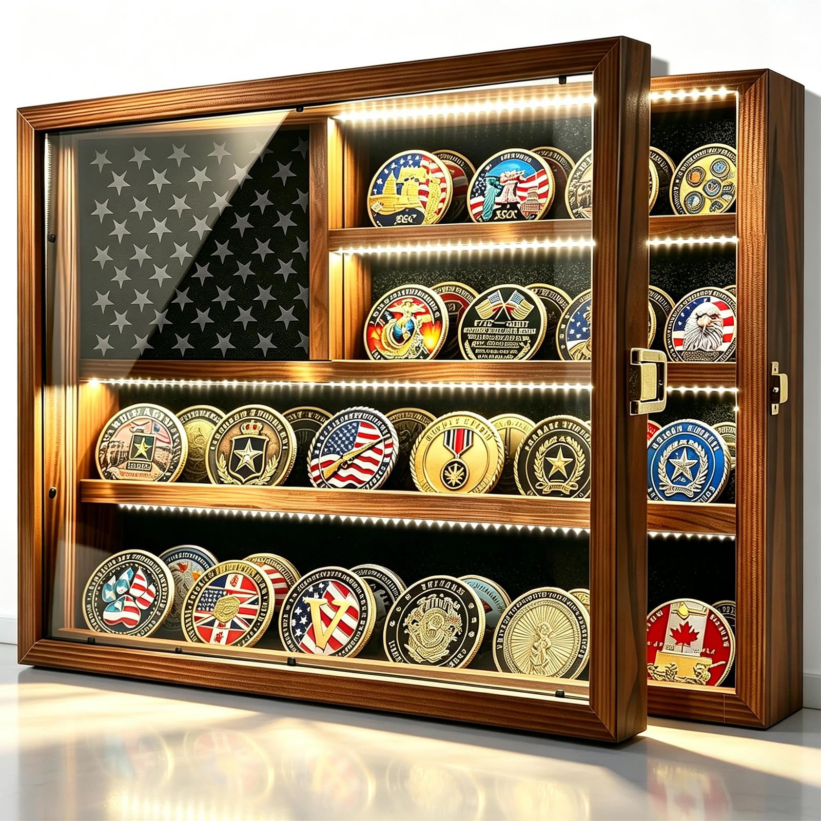 Photo 1 of Challenge Coin Display, LED Light Strip, Patriotic US Flag Star Pattern, Wooden Challenge Coin Holder, Collectibles Display Case, Holds 48 Coins, Wall Mount and Tabletop, Military Veteran Gift