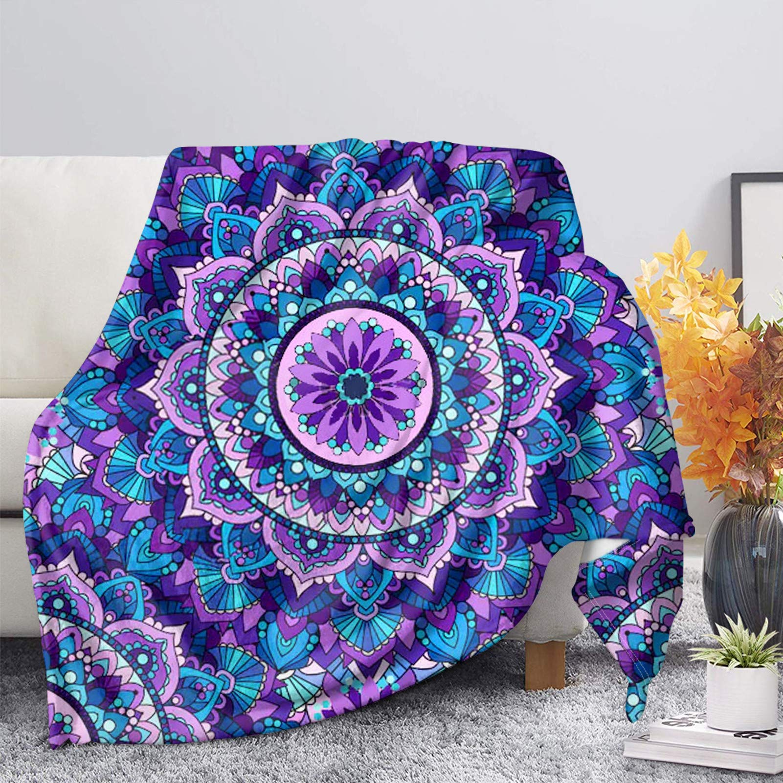 Showudesigns Boho Blanket for Girls Gifts Mandala Lotus Throw Blanket 50X60 Inch All Seasons Plush Sleeping and Napping Blankets Cozy Throw Purple Blue