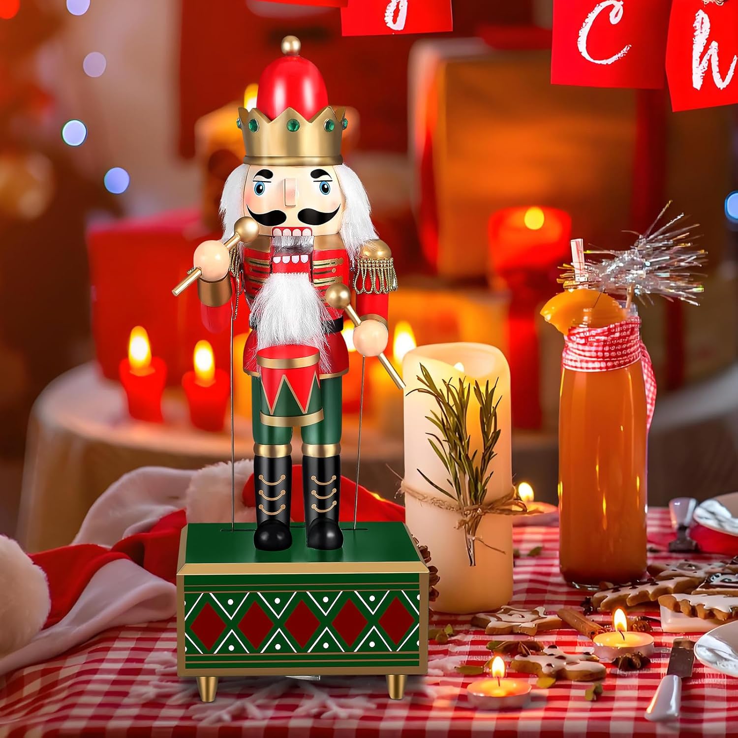 BESPORTBLE Wooden Nutcracker Soldier Music Box Rotating Christmas Nutcracker Craft Xmas Table Decor Red Wood Adornment