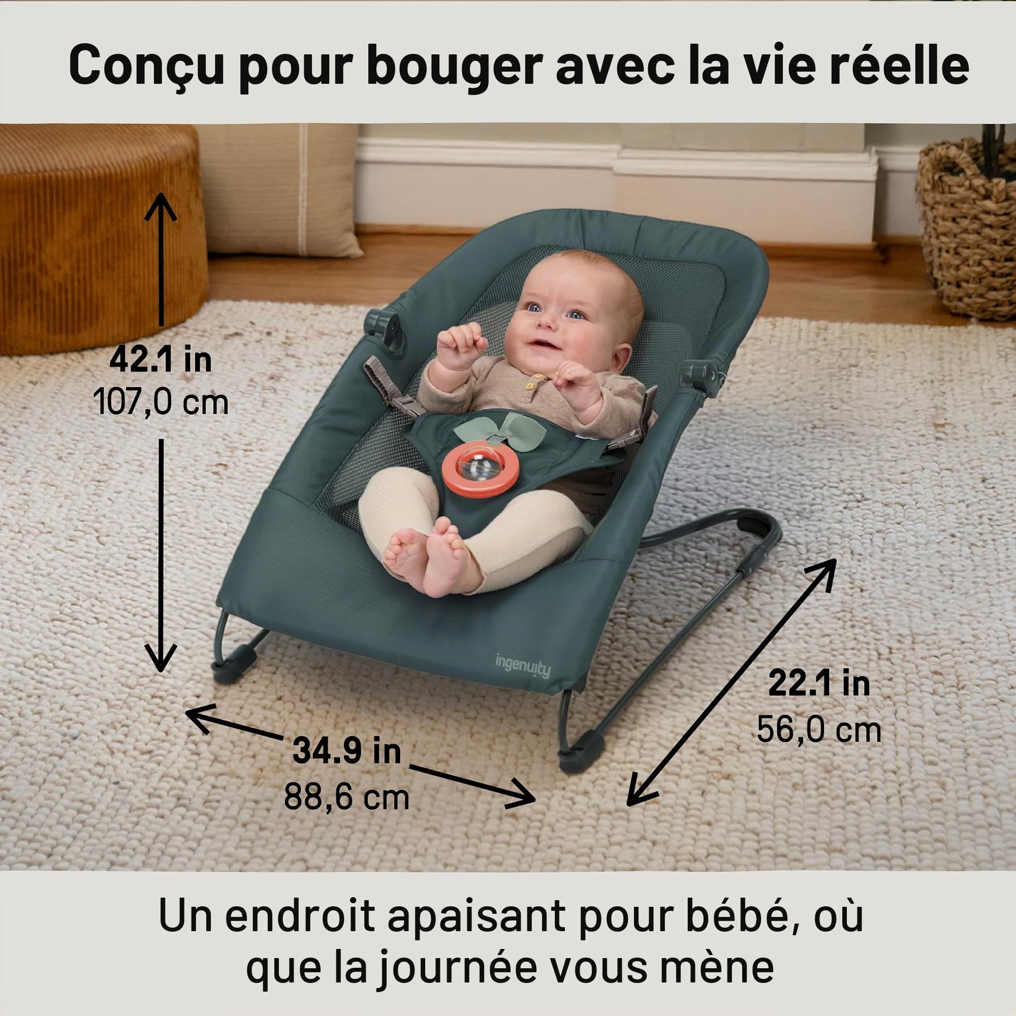 Ingenuity Stow & Go transat bébé compact pliable, siège portatif léger avec vibration et jouet, vert, moins de 2,3 kg