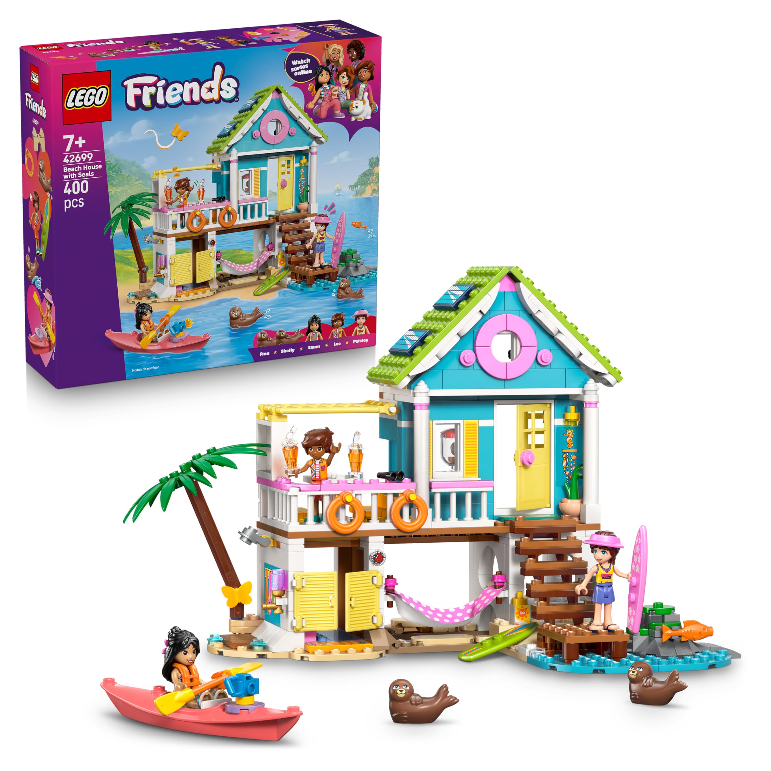 LEGO Friends Casa sulla Spiaggia con Foche Giocattolo - Miniatura da Costruire con 3 Mini Bamboline, 2 Animali Marini e Accessori tra cui Tavola da Surf e Kayak - Regalo per Bambine da 7 Anni - 42699