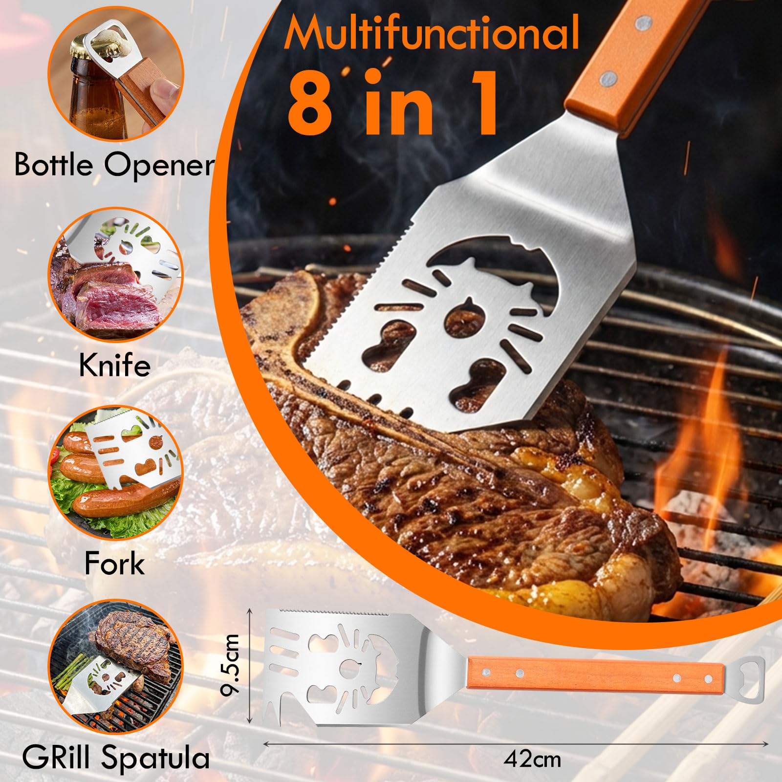 Ensemble d'ustensiles de barbecue en acier inoxydable 4 pièces avec pinces, spatule, fourchette à viande, manches en bois