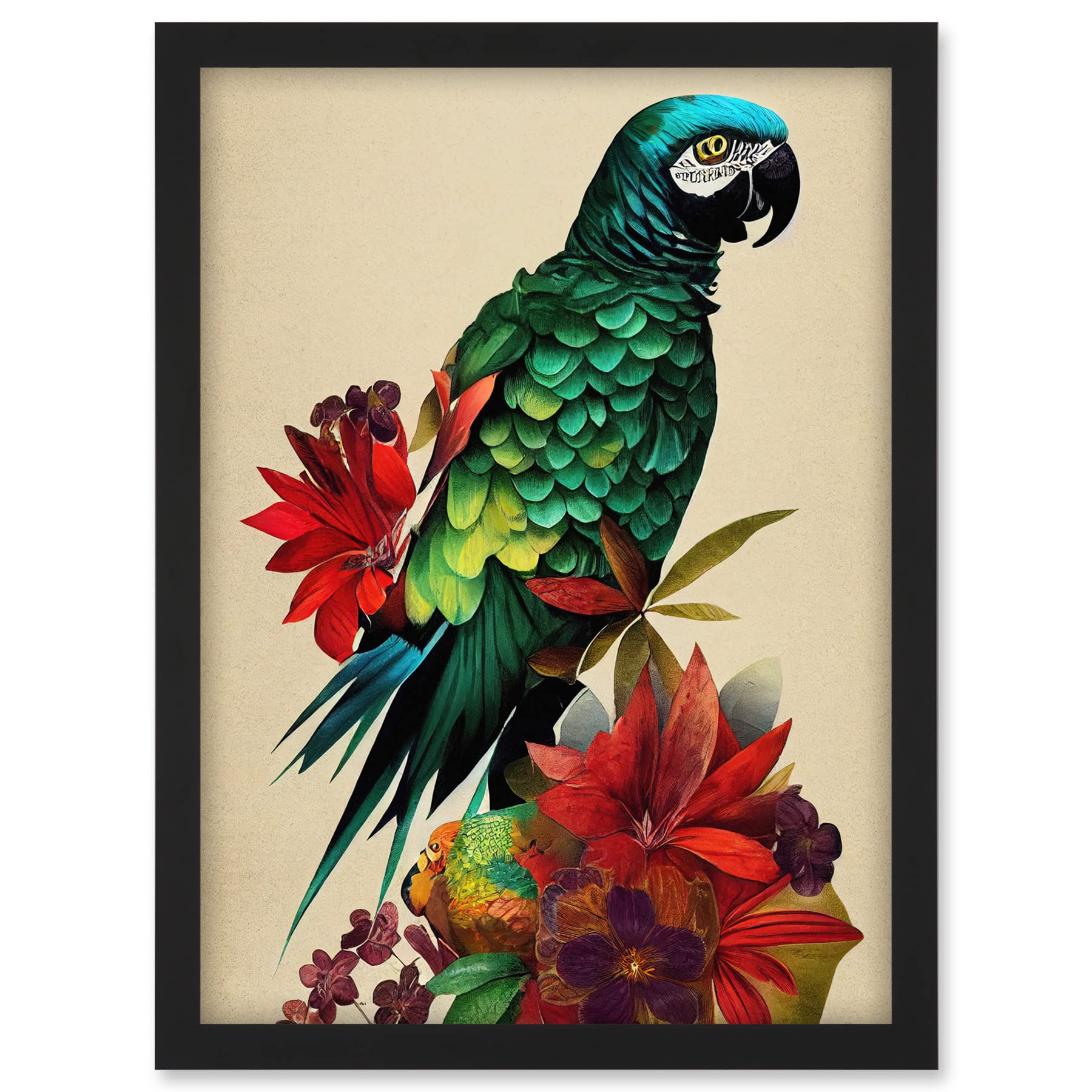Doppelganger33 LTD Exotic Flowers And Feathers Macaw Parrot And Jungle Blooms Artwork Framed A3 Wall Art Print