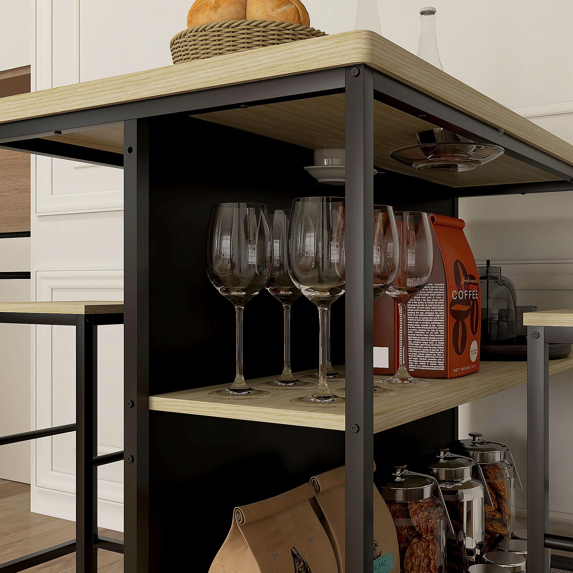 HOMCOM Ensemble Table de Bar et 2 tabourets avec Repose-Pieds, étagère de Rangement, Style Industriel, métal Noir et Aspect Bois