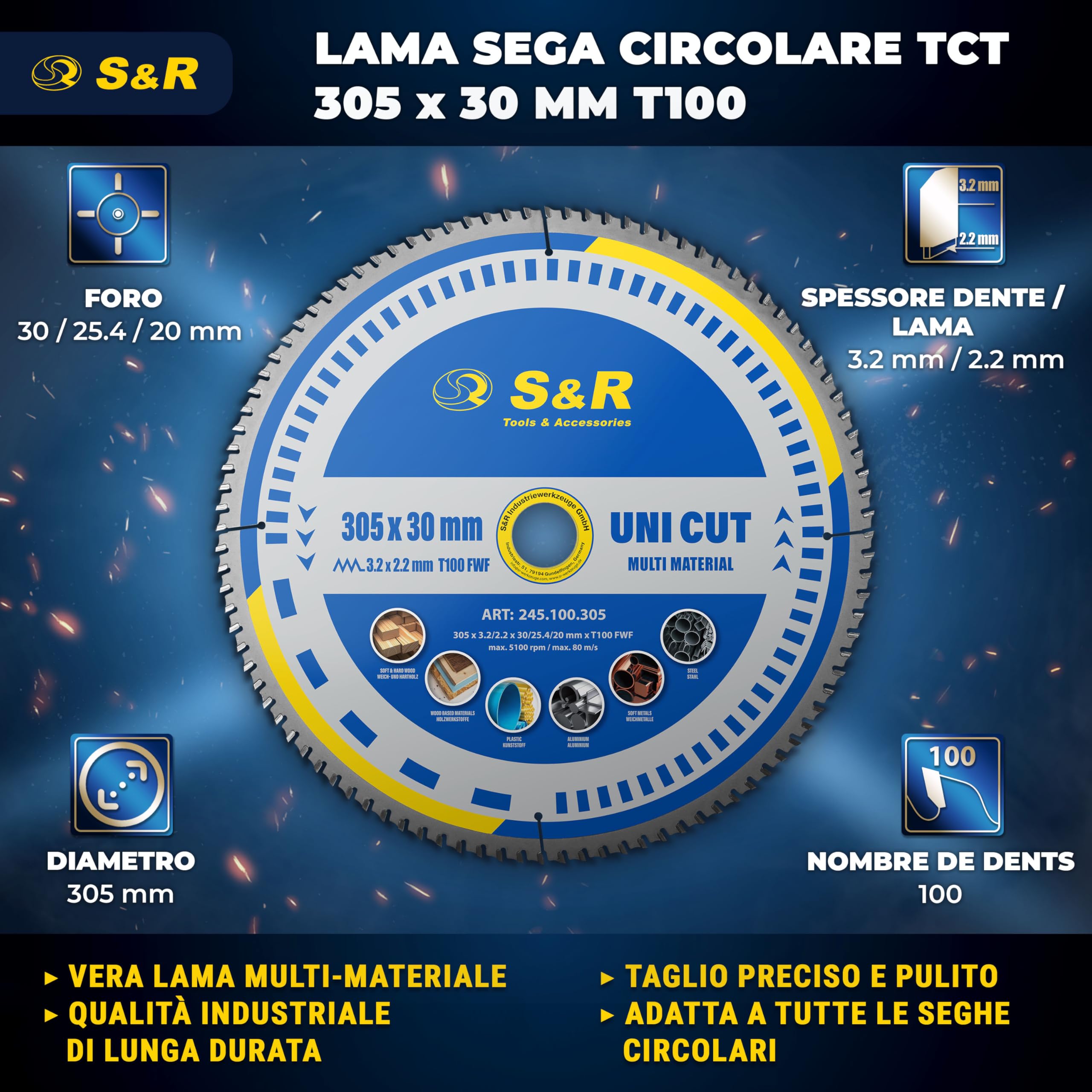 S&R Lama per Sega Circolare 305 x 30 mm 100 Denti FWF - Disco da Taglio per Metallo Alluminio Profili di Acciaio Legno - Lama Compatibile con Sega Circolare da Tavolo Bosch Makita Einhell Ryobi