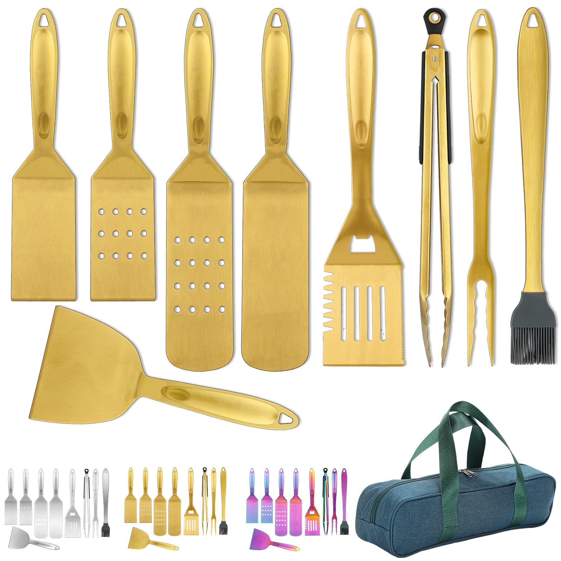 Regenboog Grill Accessoires Set 4 Stuks, Kyraton Bakplaat Accessoires Set, Titanium Kleurrijk Plating Roestvrij Staal met Bakelieten Handvat Hittebestendig en Smelt niet, Camping, Teppanyaki