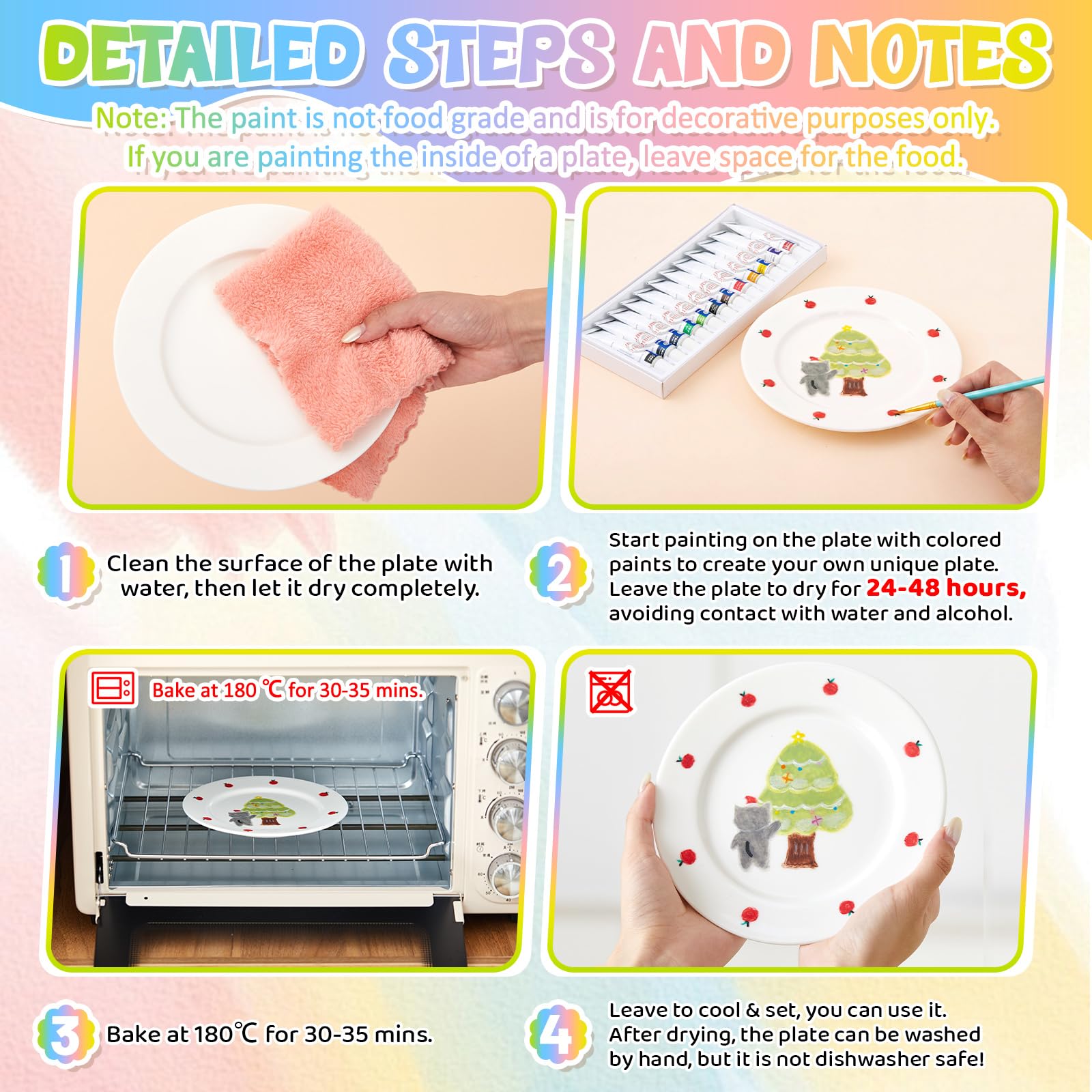 Sinmoe Kit de Peinture d'Assiettes en Céramique Comprend 4 Assiettes en Porcelaine 3 Pinceaux 12 Peintures Acryliques 1 Coffret Cadeau 1 Palette à Peindre DIY(7 Pouces,Luxe Moderne,4 Pièces)
