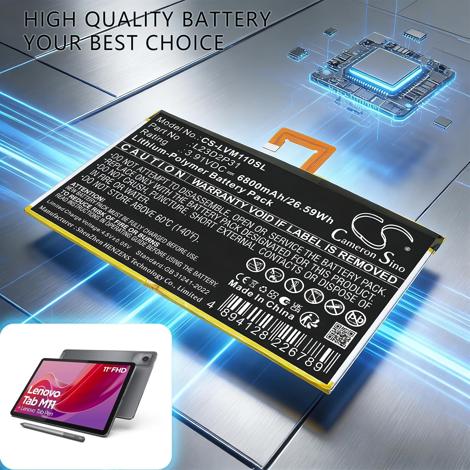 Battery for Pad 2024 TB331FC, Pad 2024 TB331FU, Tab M11 PN: L23B2P31, L23C2P31, L23D2P31, L23L2P31, L23M2P31, SB18D95067, SB18E09198, SB18E23791 6800mAh