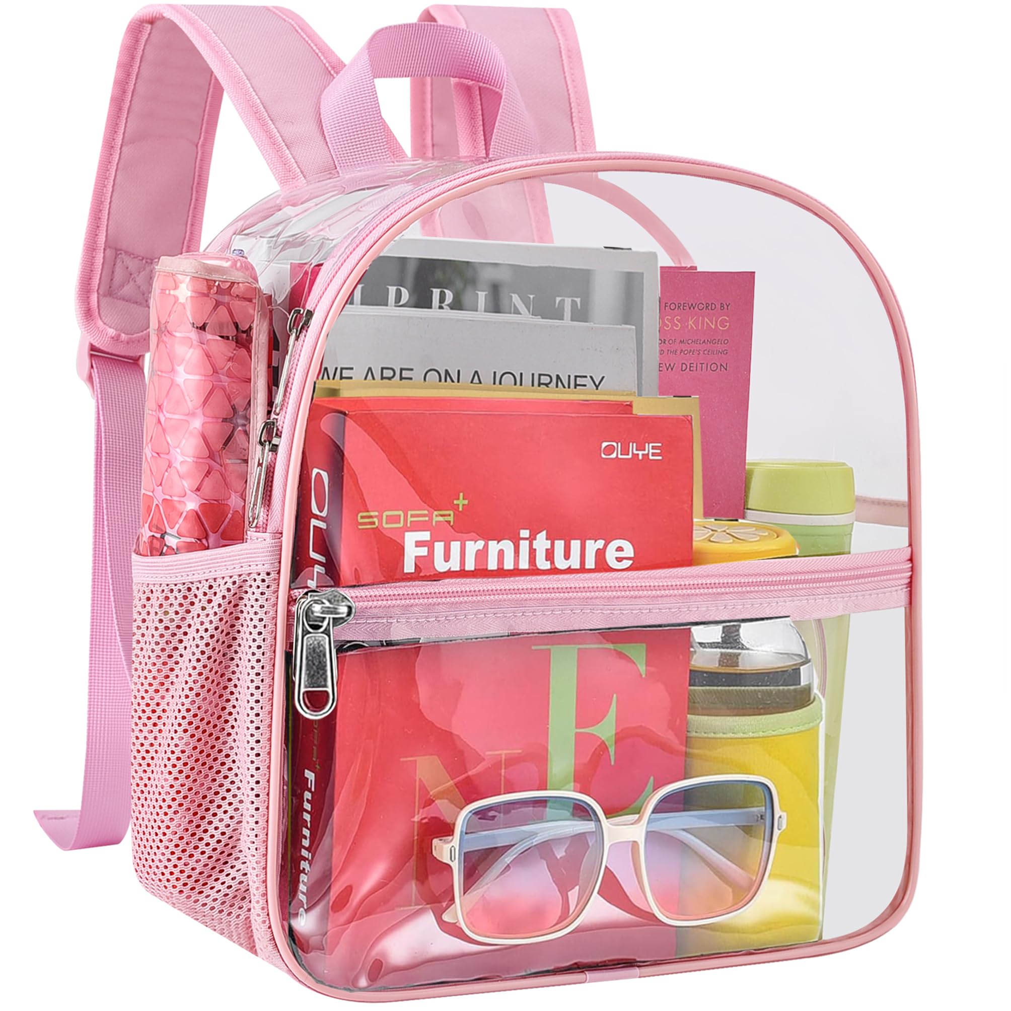 Busiuw Clear Backpack for Stadium Events 12x12x6 Mini Small Sports Fan Backpacks with Front Pocket for Concert Sport Events Work Travel(Pink)