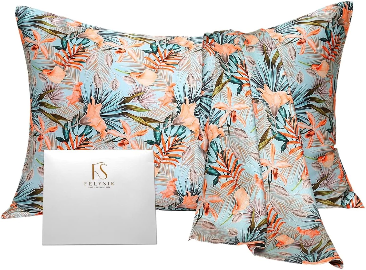 FELYSILK Blue Leopard Silk Pillowcase for Hair and Skin Queen 20"x30", 22 Momme Mulberry Silk Navy Orange Print Pillow Cases with Zipper