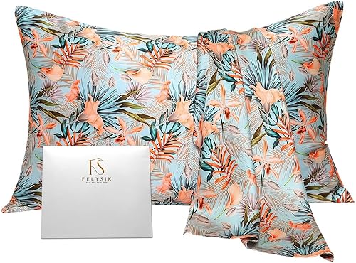 Funda de almohada de seda floral de hojas para cabello y piel estándar de 20 x 26 pulgadas, 22 momme seda de morera verde, estampado de lirios y