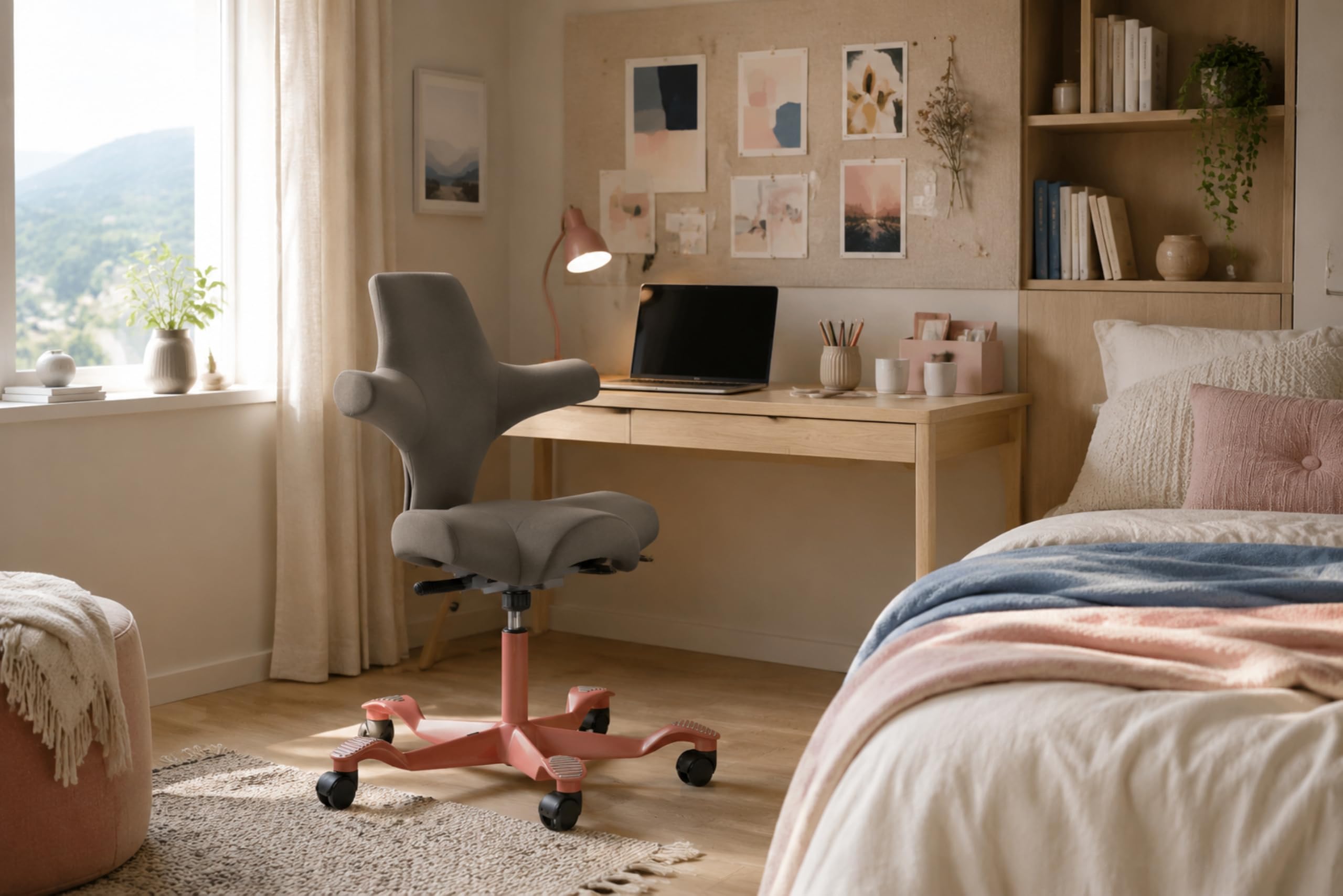 HAG Capisco Sit to Stand Chair-Blush Rose Frame-Upholstered Gray Ash Vinyl