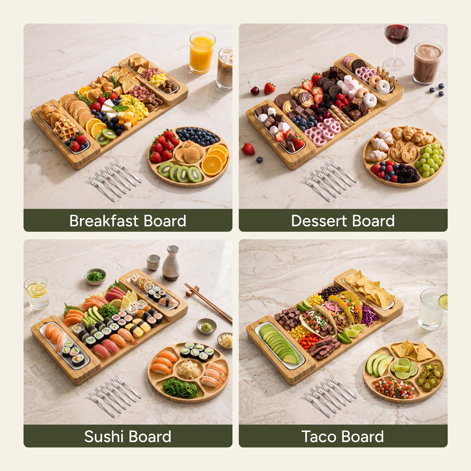 SMIRLY Ensemble de Planches à Fromage en Bambou – Grande Planche à charcuterie – Planches à Fromage en Bois – Cadeau Unique de Pendaison de crémaillère – Plateau à apéritif et à Fromage, Plateau à