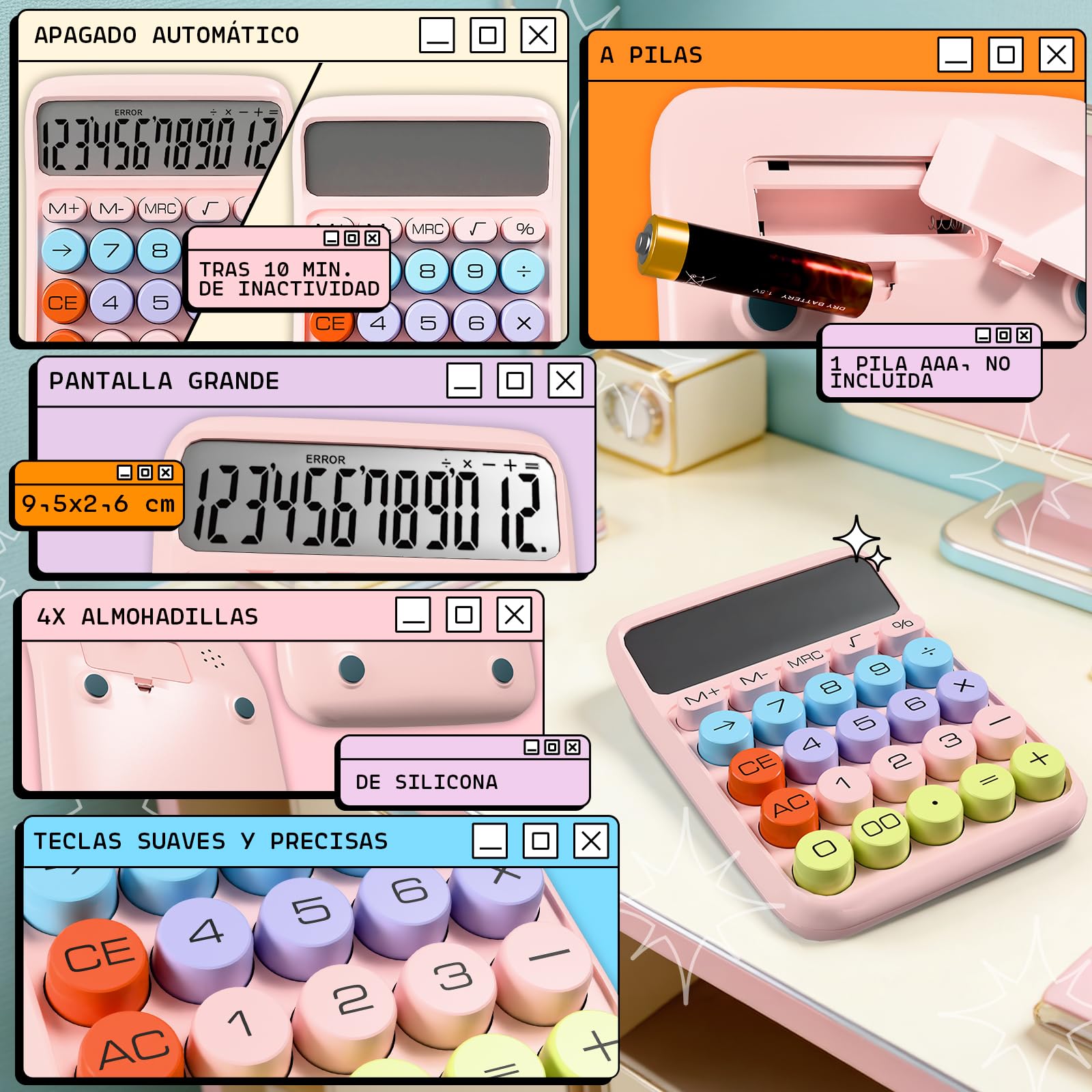 Zeno Calculadora Rosa – Calculadora de Escritorio Cute con Teclas Grandes, 12 Dígitos, para Escuela, Casa y Accesorios de Oficina Rosas