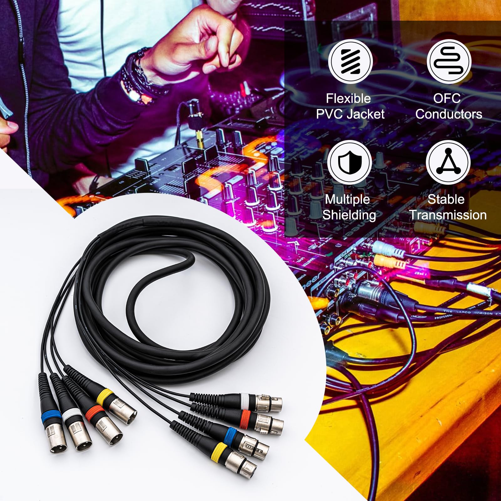 Cavi a serpente XLR a 4 canali da 6,1 m, 4 cavi patch per microfono XLR da maschio a femmina, cavo a serpente per registrazione audio, live, palcoscenico, studi