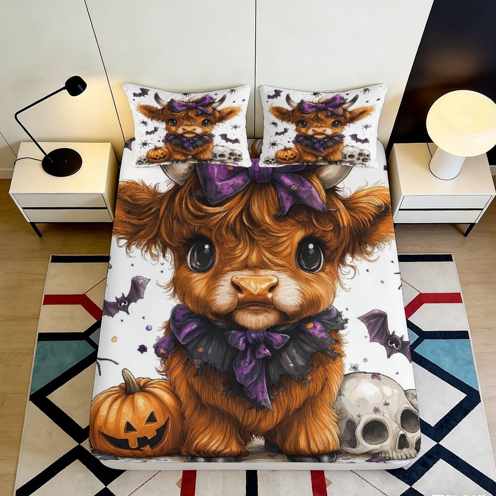Jqzkxnhpbr Style-10 3D Printed Halloween Cow Fitted Sheet Microfiber Soft Decorative Bat Pumpkin Bed Cover For Bedroom Dorm Room Mattress Protection 90X200x25cm