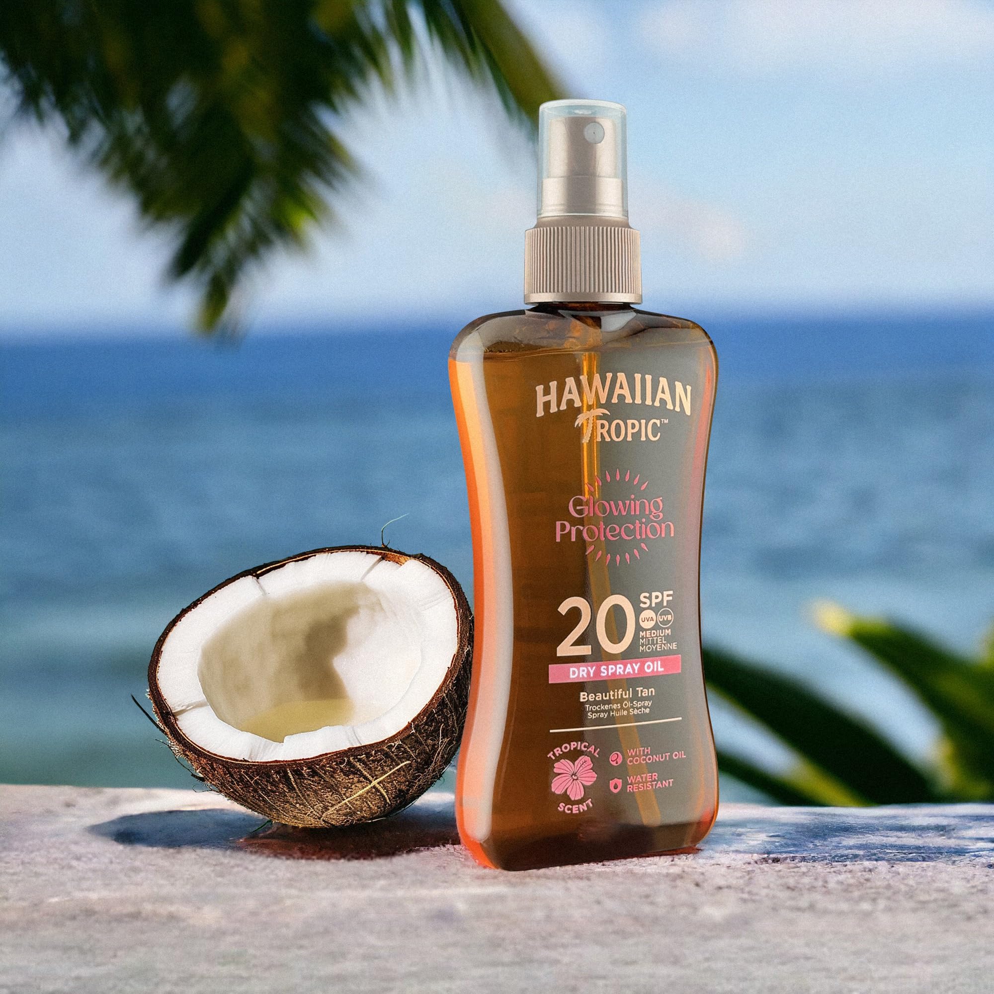 Hawaiian Tropic | Glowing Protection Huile Sèche Écran Solaire Protection SPF 20 UVA + UVB, 200 ml, Parfum Tropical, avec de l'Huile de Noix de Coco, Résistant à l'eau, Végan