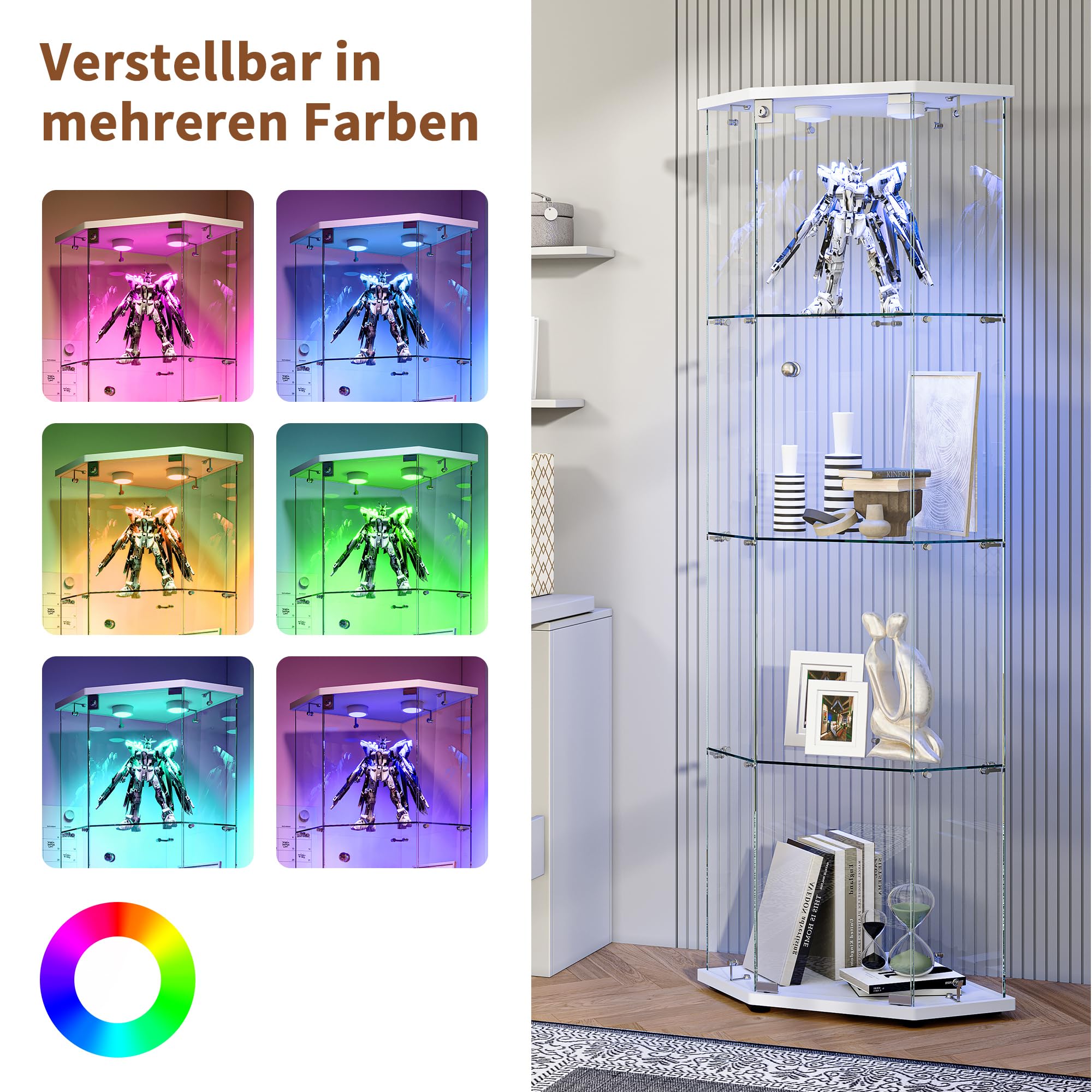 Vitrina de Esquina con Cristal, Vitrina de Cristal con LED, 1 Puertas, Vitrinas Blancas Cristal4 Capas Estanteria deCristal con Cerradura Columna Expositora VidrioVitrina Expositora Para Salon