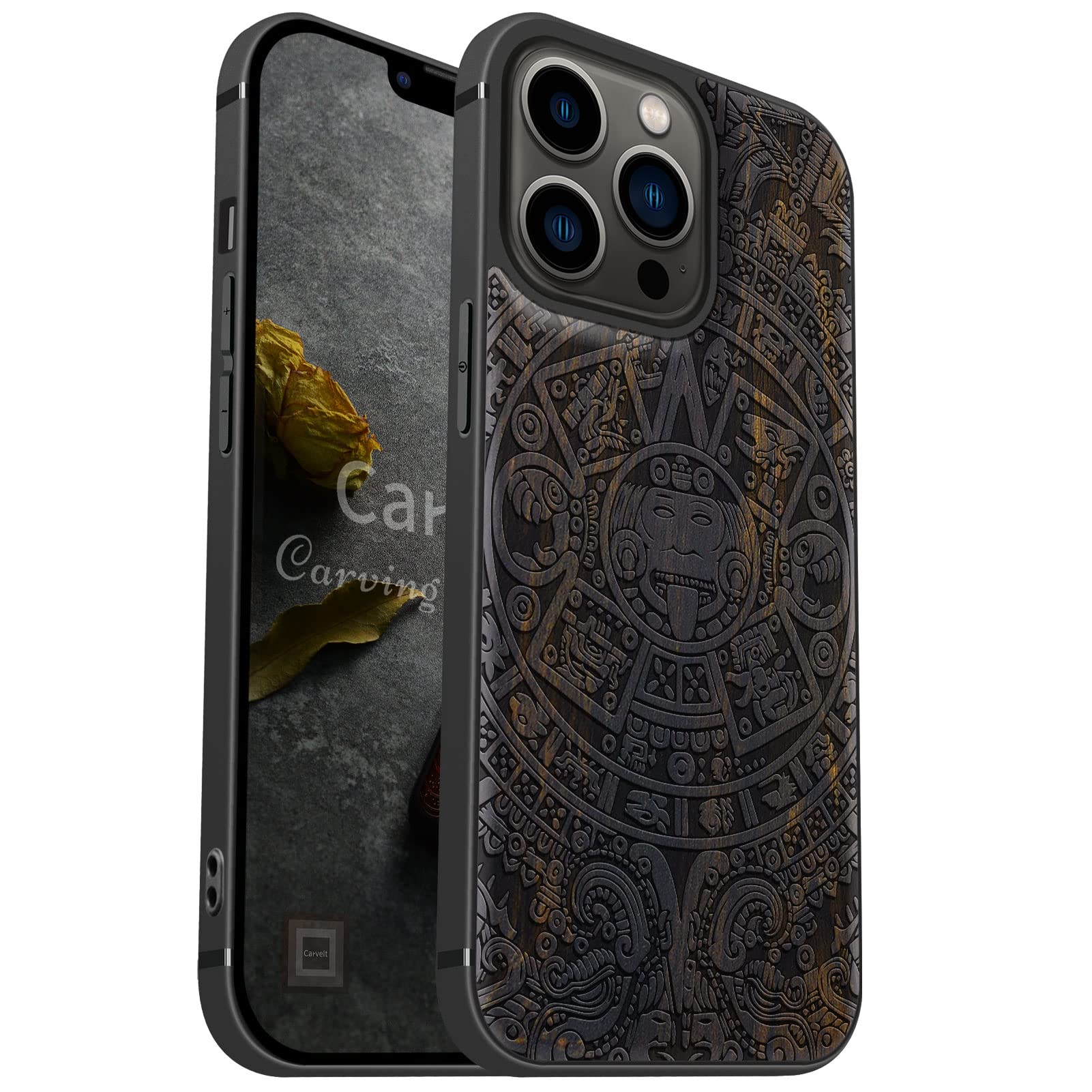 Carveit Custodia In Legno Per iPhone 13 Cover avec magnetico Custodia [Noce Legno] [Paraurti Robusto TPU] Ricarica Compatibile con 13 MagSafe Custodia (La bussola grandi onde