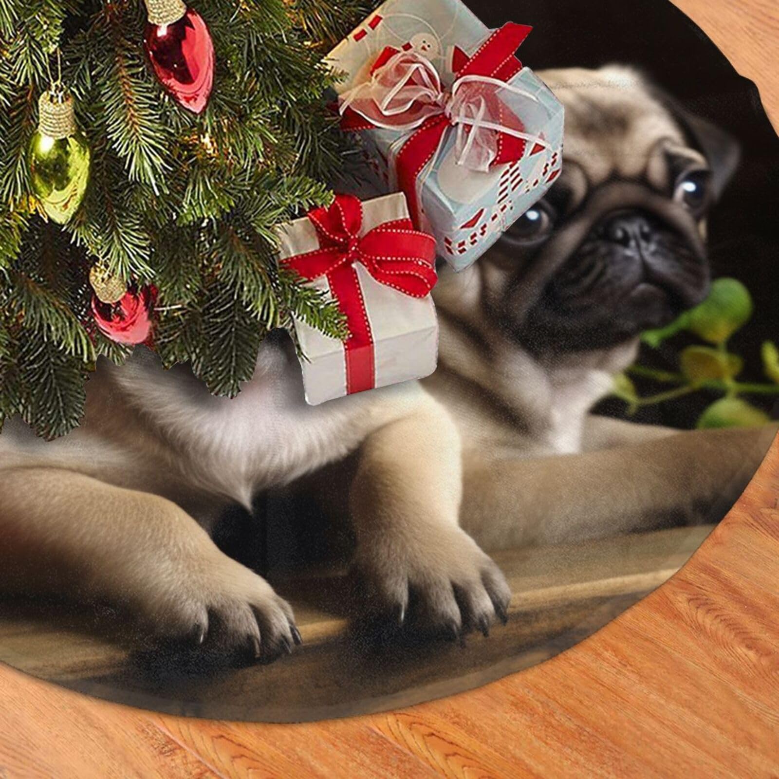 Fodpand Black Puppys Pug Christmas Tree Skirt 36" Velvet Xmas Tree Skirt Mat Rustic Christmas Tree Mat Cover Winter Xmas Tree Collar For Indoor Outdoor Christmas Decorations