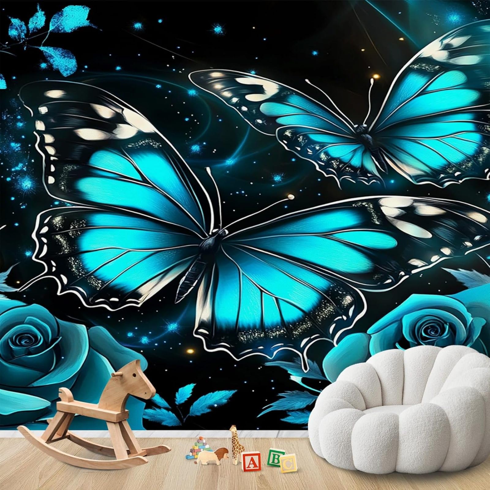 hgjdjhnf Photo Wallpaper Blue Butterflies Roses Flowers Glamour Non-Woven Modern Living Room Bedroom Children's Room Wall Decoration Motif Wallpaper,300cmx210cm Stickers - Frameless Painting - Poster