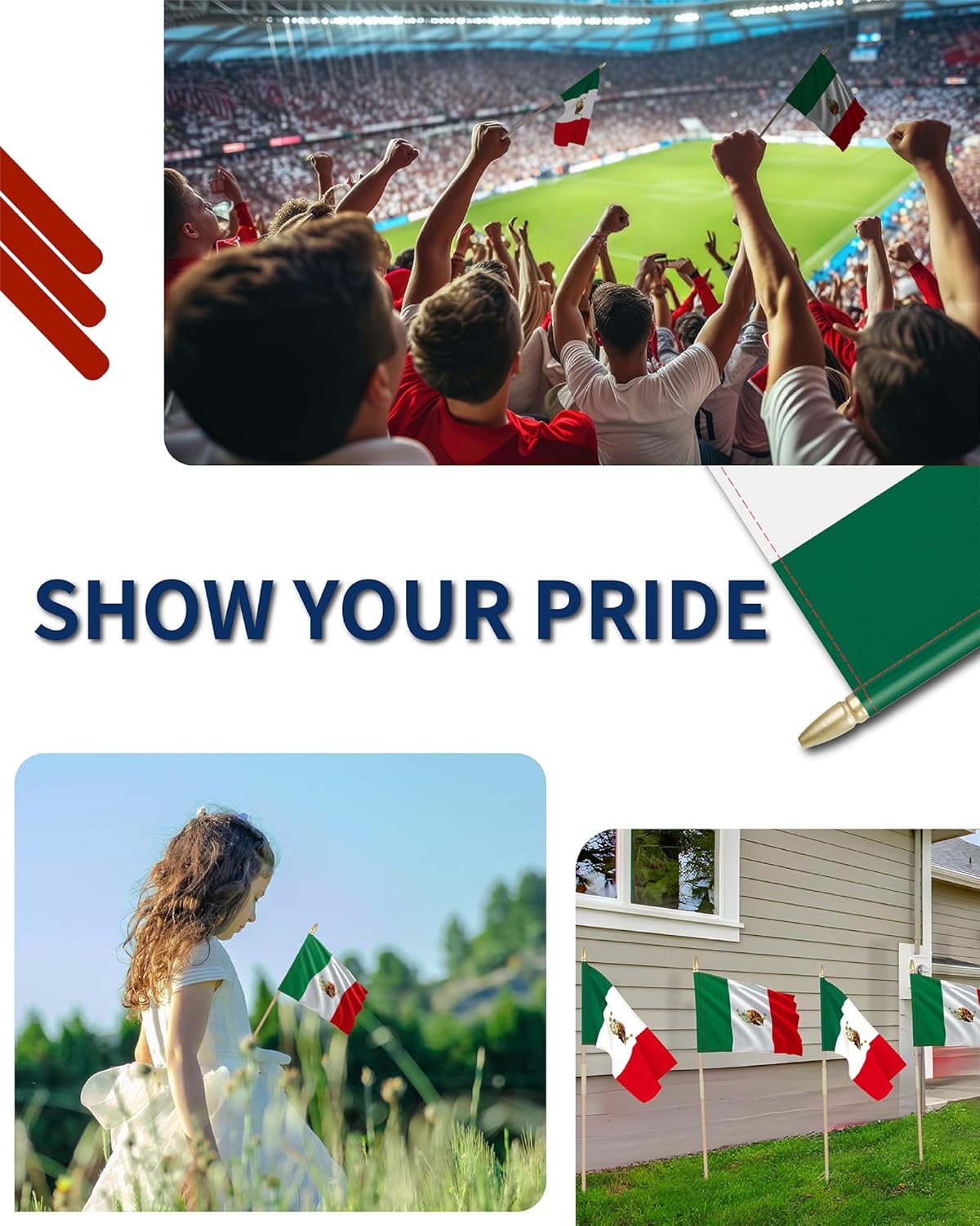 Heavy Duty 12 Pack 12x18 Inch Large Mexican Flags on Stick 35” Tall Mexico Stick Flags Durable Break-Resistant 5/16” Birch Pole 300D Oxford Fabric 16 de Septiembre Día de la Revolución Yard & Festival Decorations