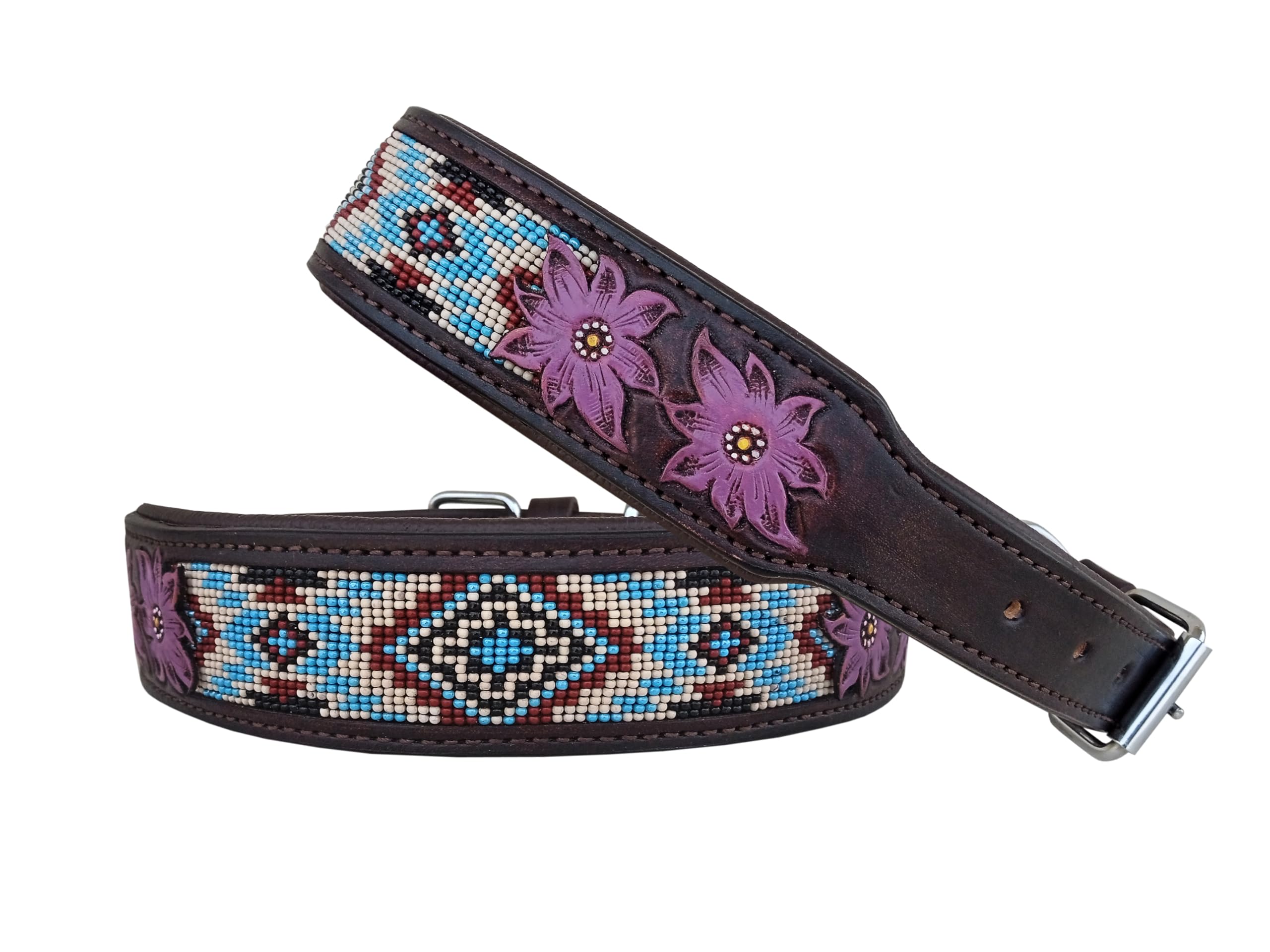 Affilare 10AB036 Hundehalsband aus Leder, mit Perlen, Western-Stil, strapazierfähig, gepolstert, für Komfort, Größe M (43,2 - 53,3 cm, mittleres Loch bei 48,3 cm)