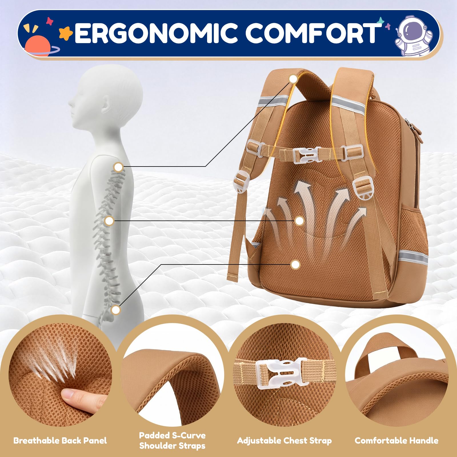 Amythe Zaino Bambino Scuola Elementare 8-12 Anni – Zaino Ergonomico Leggero con Strisce Riflettenti, Scomparto A4, Oxford 600g – Astronauta per Rientro a Scuola -Marrone