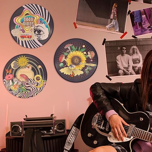 Miniatura 4 de Putuo Decor Juego de 4 decoración de pared hippie con diseño de disco Indie, decoración estética de habitación extraña, girasol, hongo, sol, luna,