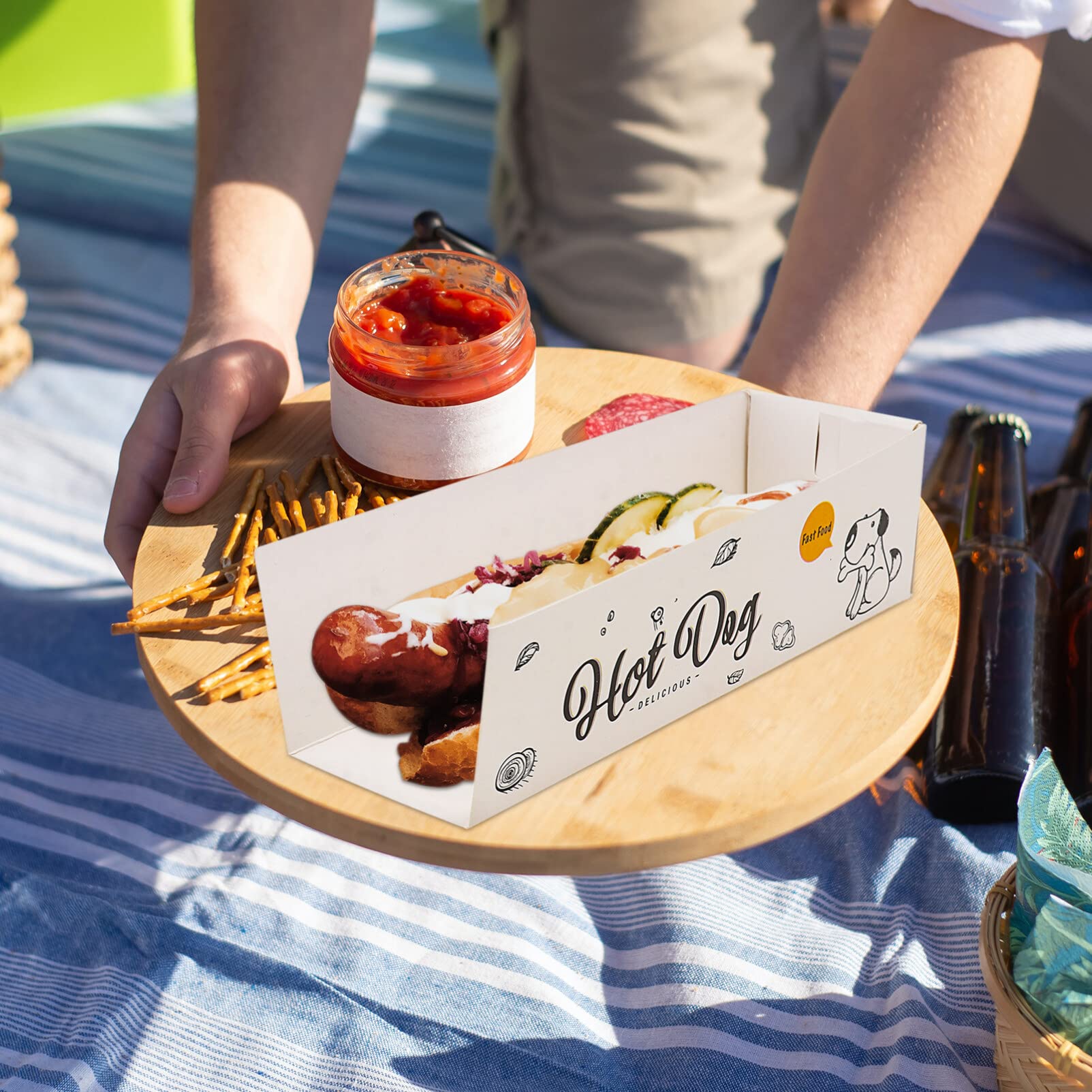 Lot de 100 plateaux jetables pour hot-dog - Pour les fêtes - Papier blanc