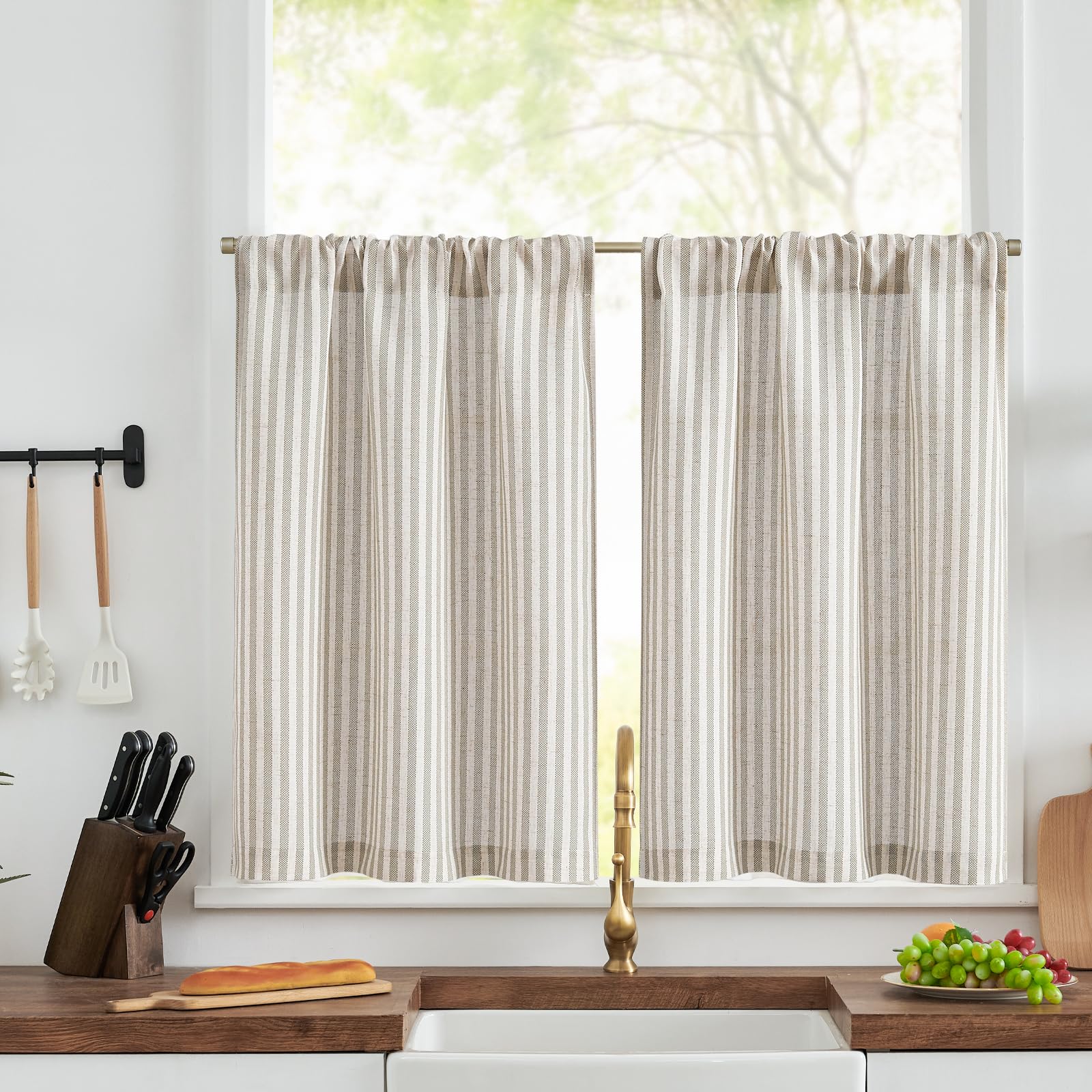 TOPICK Grey Striped Linen Look Kitchen Curtains 30 Inch Drop, Rod Pocket Cafe Curtains