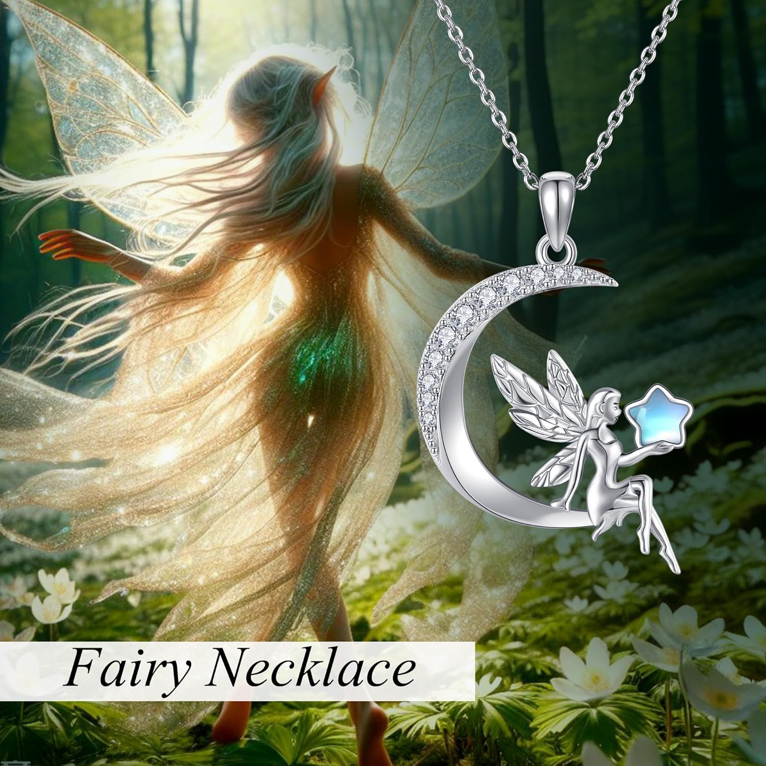 URONE Fairy Necklace 925 Sterling Silver Fairy Elf Moon Pendant Necklace Fairy Jewelry Gifts for Women - Image 6