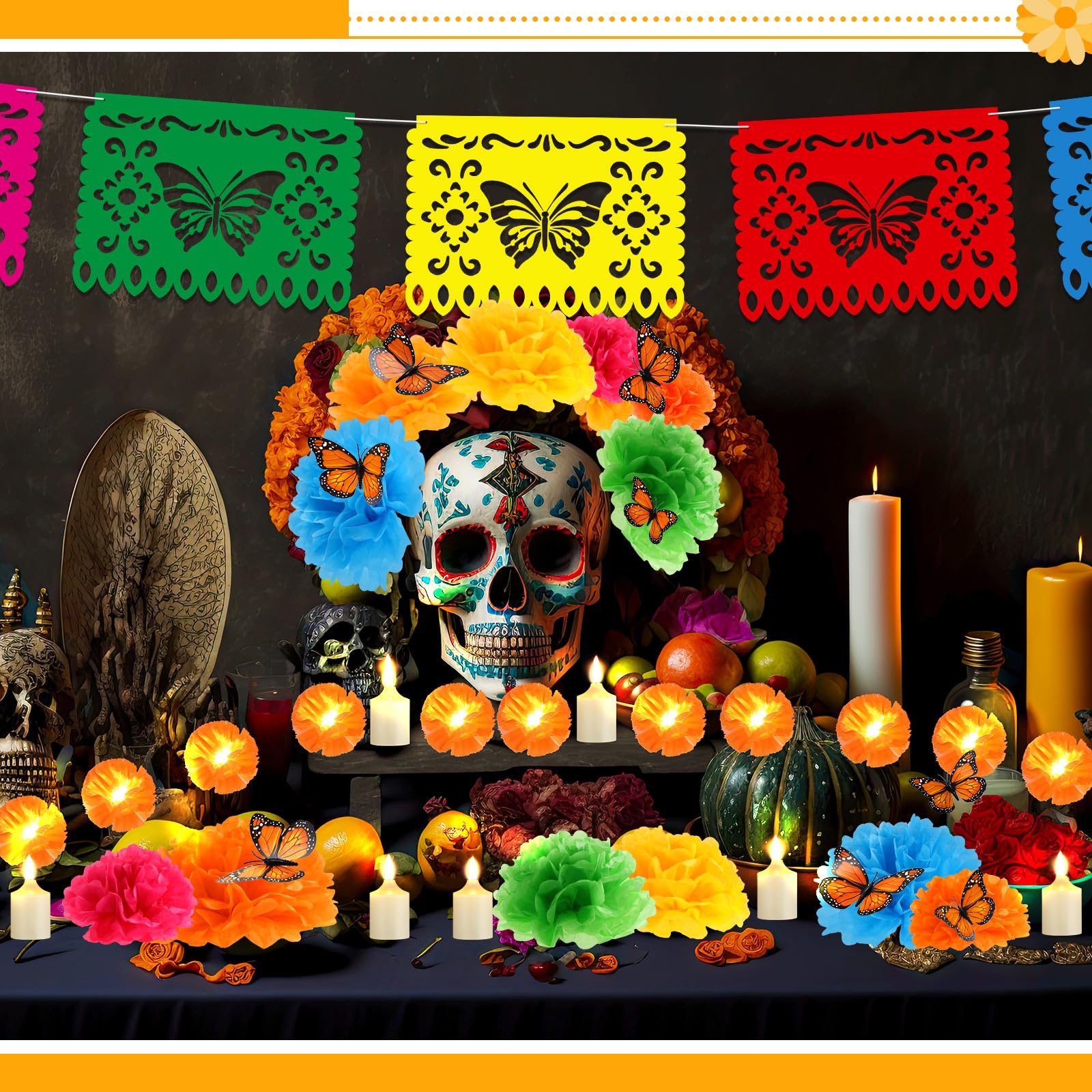 Newwiee Juego de 56 decoraciones desechables para altar del Día de los Muertos, guirnalda de caléndula con LED, mariposa monarca, papel picado, pancarta LED, vela de papel para Día de Muertos