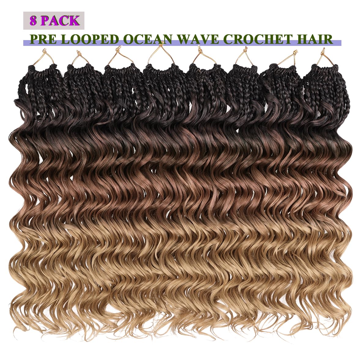 Kachanaa 14 Inch Pre Looped Ocean Wave Crochet Hair 8 Pack Curly Boho Ocean Braids Ombre Pre Twisted Synthetic Deep Wavy Twist Hair 1B3027# - Image 4