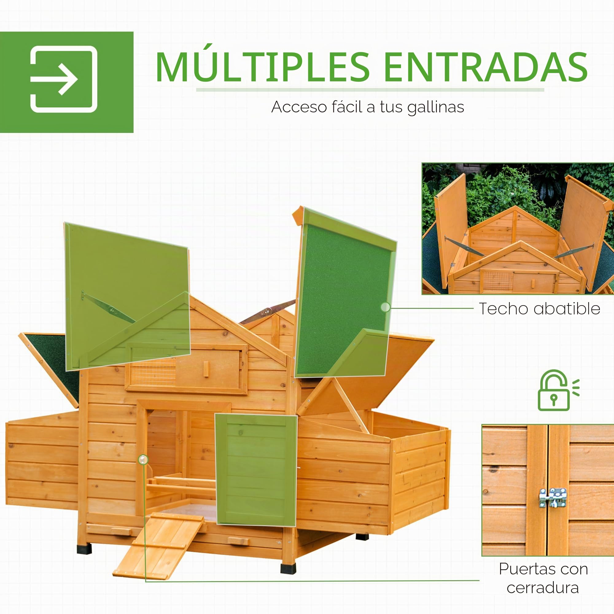 PawHut - Gallinero de madera para 4 gallinas, jaula para gallinas, tejado impermeable y abrasador, cajón extraíble, gallinero exterior para animales pequeños, 150 x 100 x 96,5 cm, color amarillo