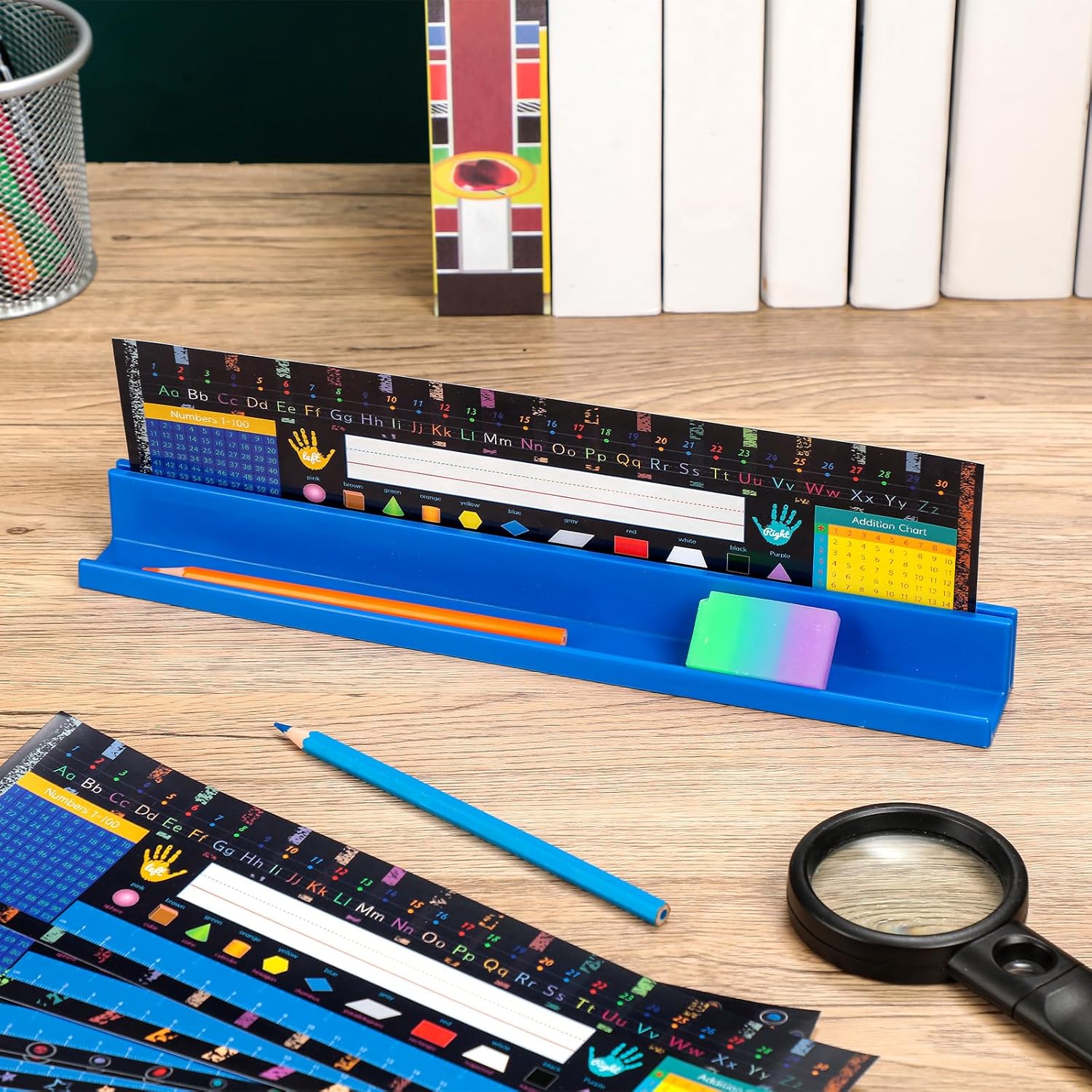 PerKoop 5 Pcs Classroom Desk Name Plates Holder Set Index Cards Storage Classroom Name Tags Kids Desk Accessories Desktop Helper Prop and Park Station Tray Organizer Water