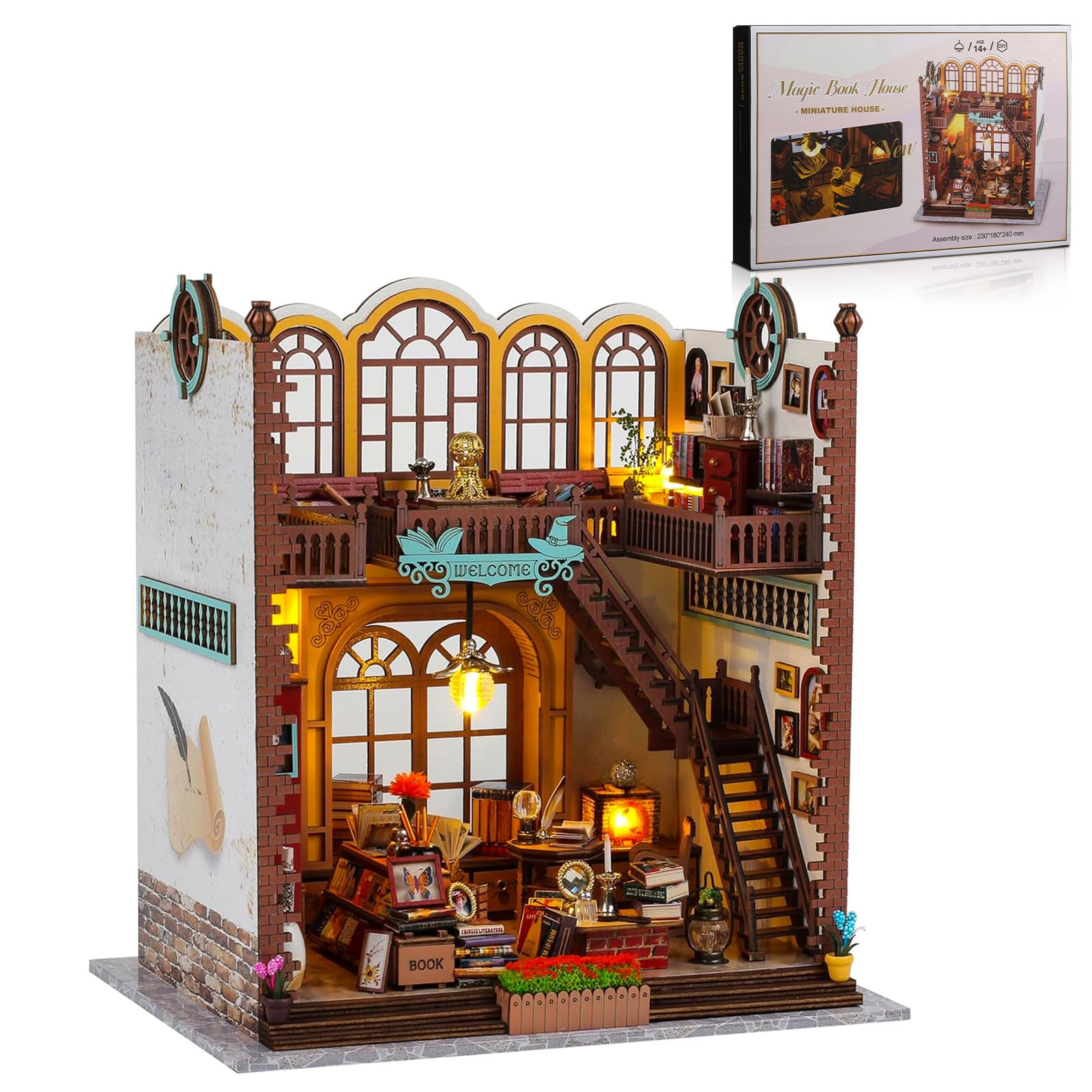 3D Wooden Magic Library Decorative Bookends - DIY Miniature House Tiny House 3D Wooden Puzzle Dollhouse Kit for Adults and Teens, Bookshelf Insert Decor, Model Build, Craft Gift for Family Friends