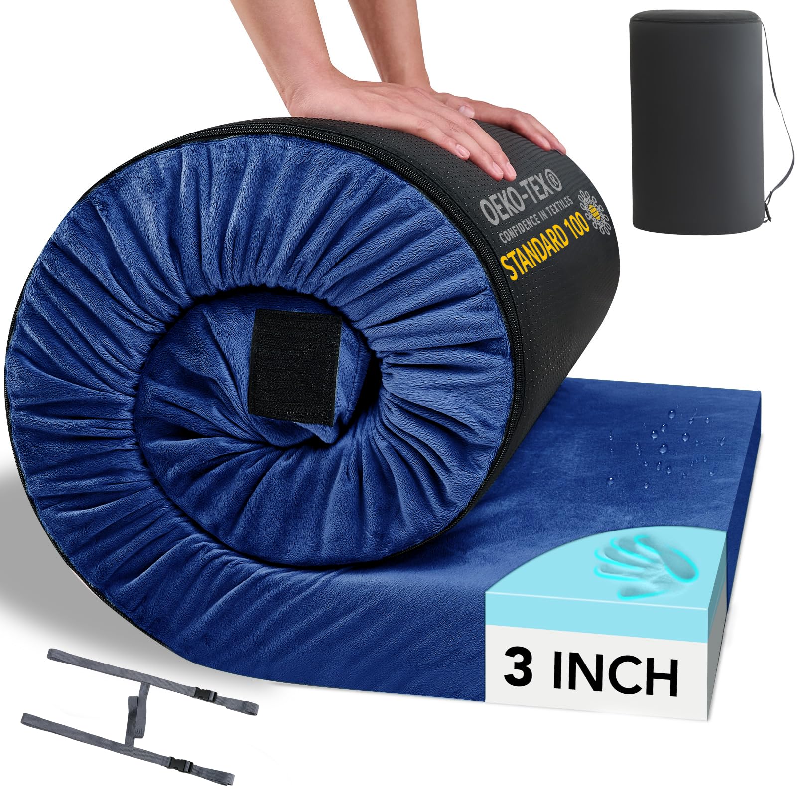 HomeMate CertiPUR-US Memory Foam Camping Mattress Pad Portable Roll Up Mattress for Adults Sleeping Mat Cot Mattress Pad Car Tent Floor Mattress Removable Waterproof Cover Travel Bag Guest Bed